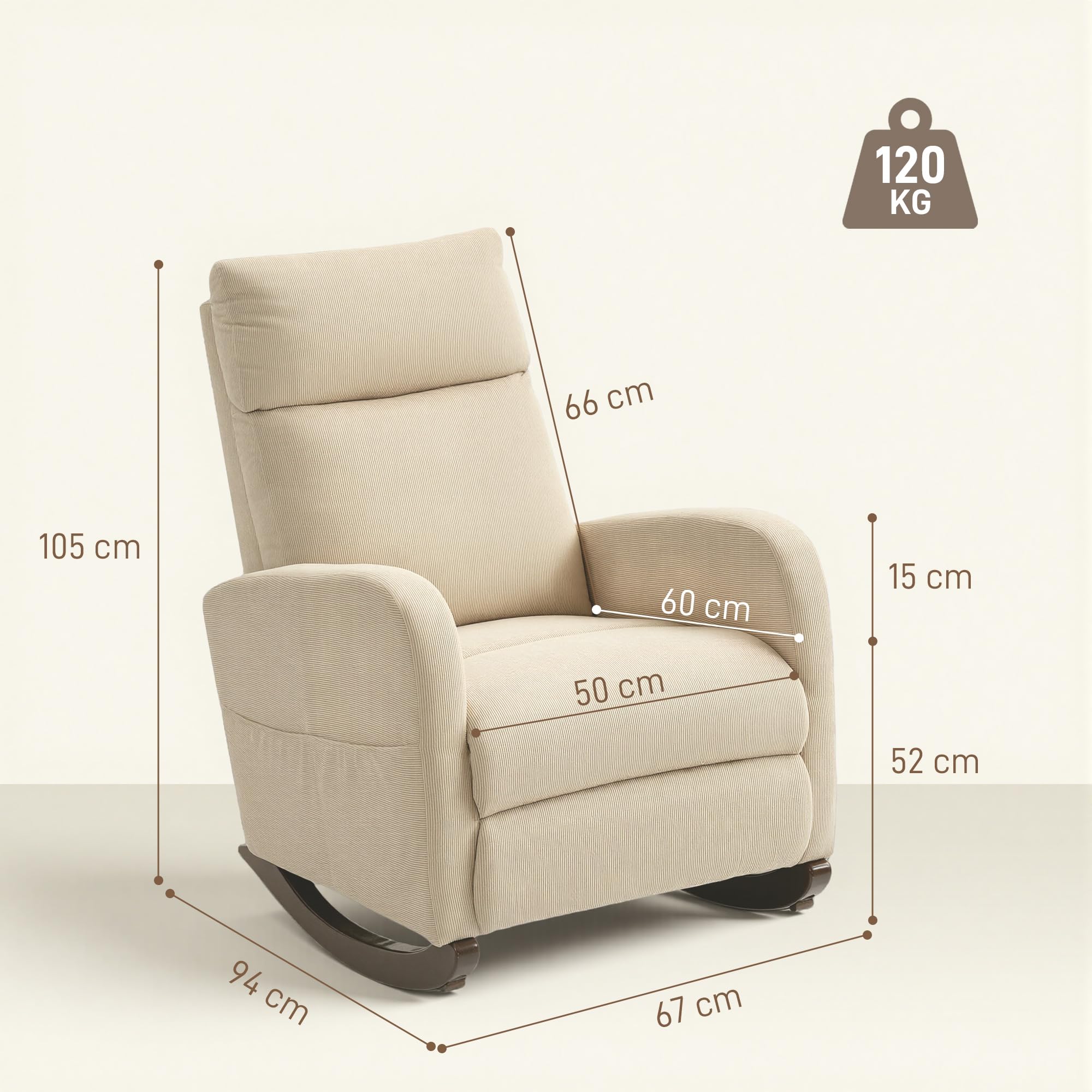 HOMCOM Silla Mecedora, Mecedora de Pana con Respaldo Alto, Patas de Madera de Caucho, Bolsillos, Reposabrazos, Estilo Moderno, Sillón de Lactancia, Carga 120 kg, para Dormitorio, Salón, Beige