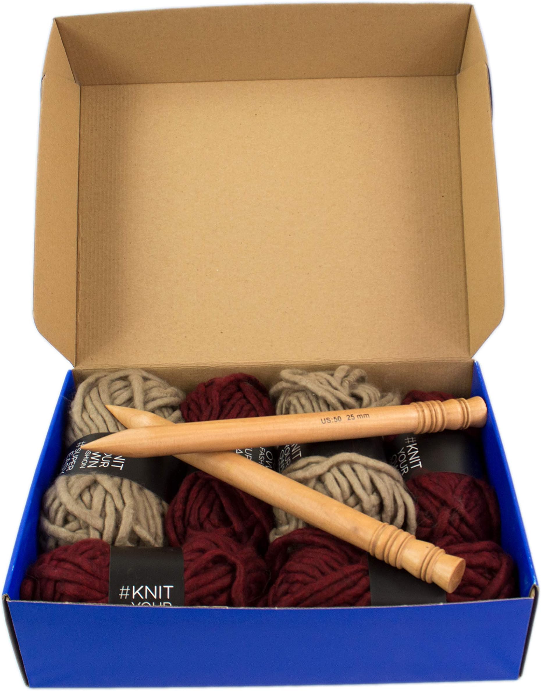 Rising Phoenix Industries Chunky Throw Blanket DIY Knit Kit, Super Soft Thick Yarn w/Large Wood Knitting Needles US 50 Set (Burgundy & Taupe)