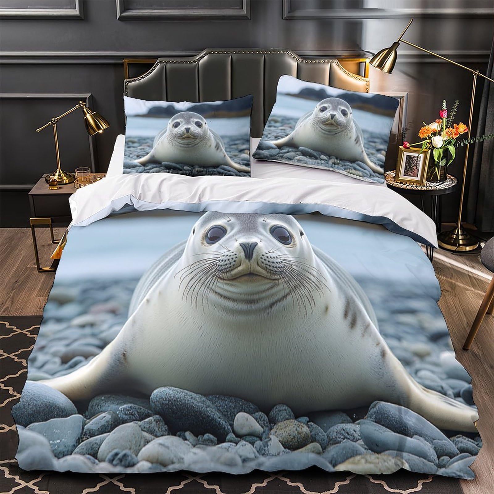 Housse de couette bébé phoque 3D 260x220cm en microfibre douce avec 2 taies d'oreiller