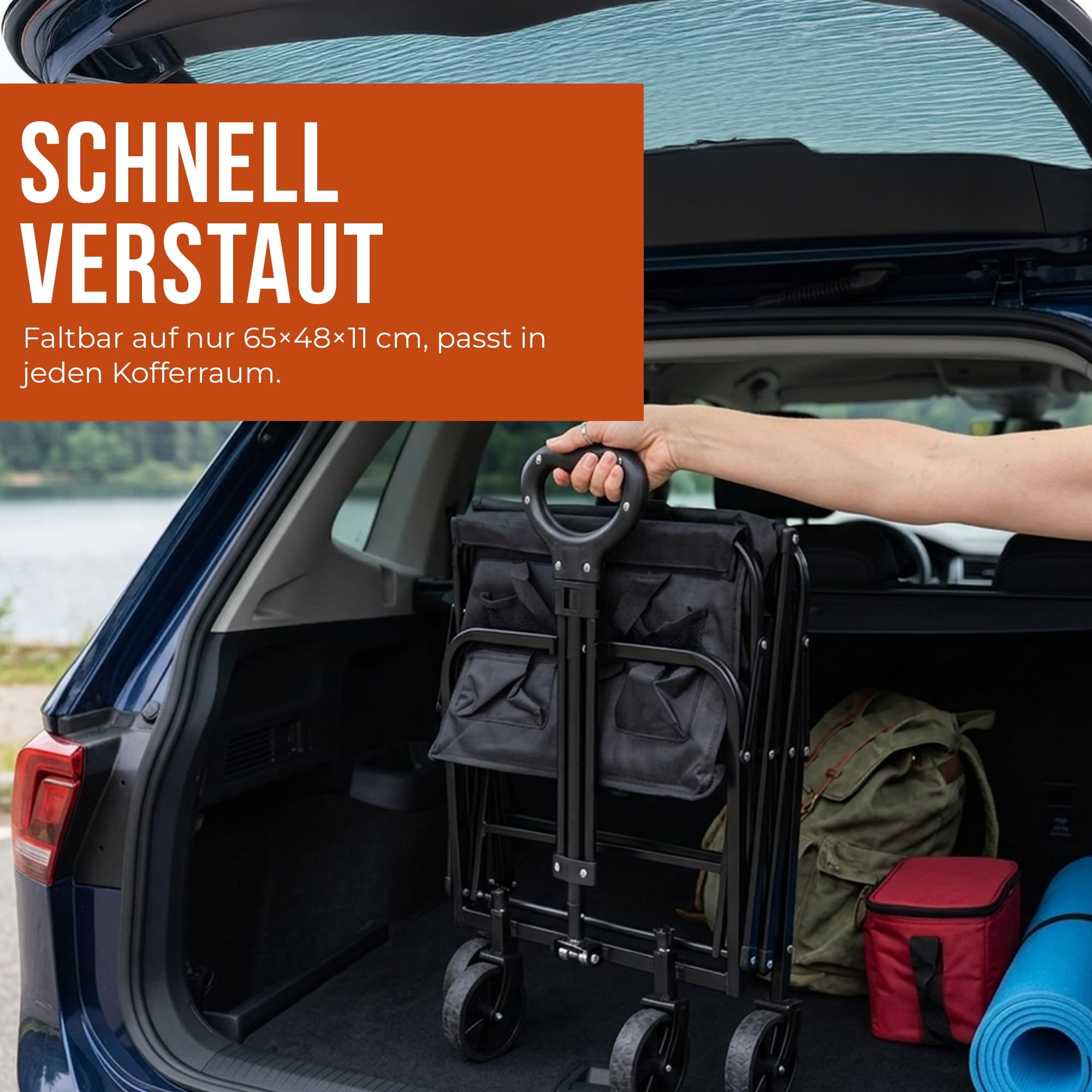 Faltbarer Bollerwagen Camping Trolley Handwagen | Bis 80kg Tragkraft, 60L Volumen, 360° Rädern, 600D Oxford & Stahlrahmen, Für Camping, Angeln & Festivals