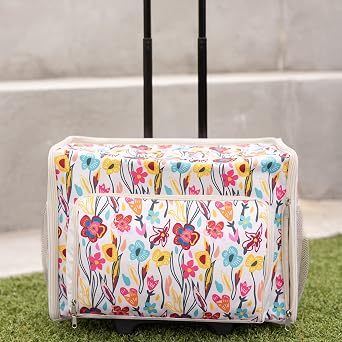Everything Mary Craft Trolley Bag on Wheels, Cream aand Multi Floral - Craft Organiser on Wheels for Sewing, Scrapbooking, Paper Craft, and Art - Storage Case for Supplies and Accessories -