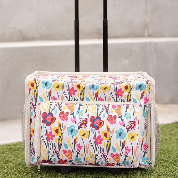 Everything Mary Craft Trolley Bag on Wheels, Cream aand Multi Floral - Craft Organiser on Wheels for Sewing, Scrapbooking, Paper Craft, and Art - Storage Case for Supplies and Accessories -
