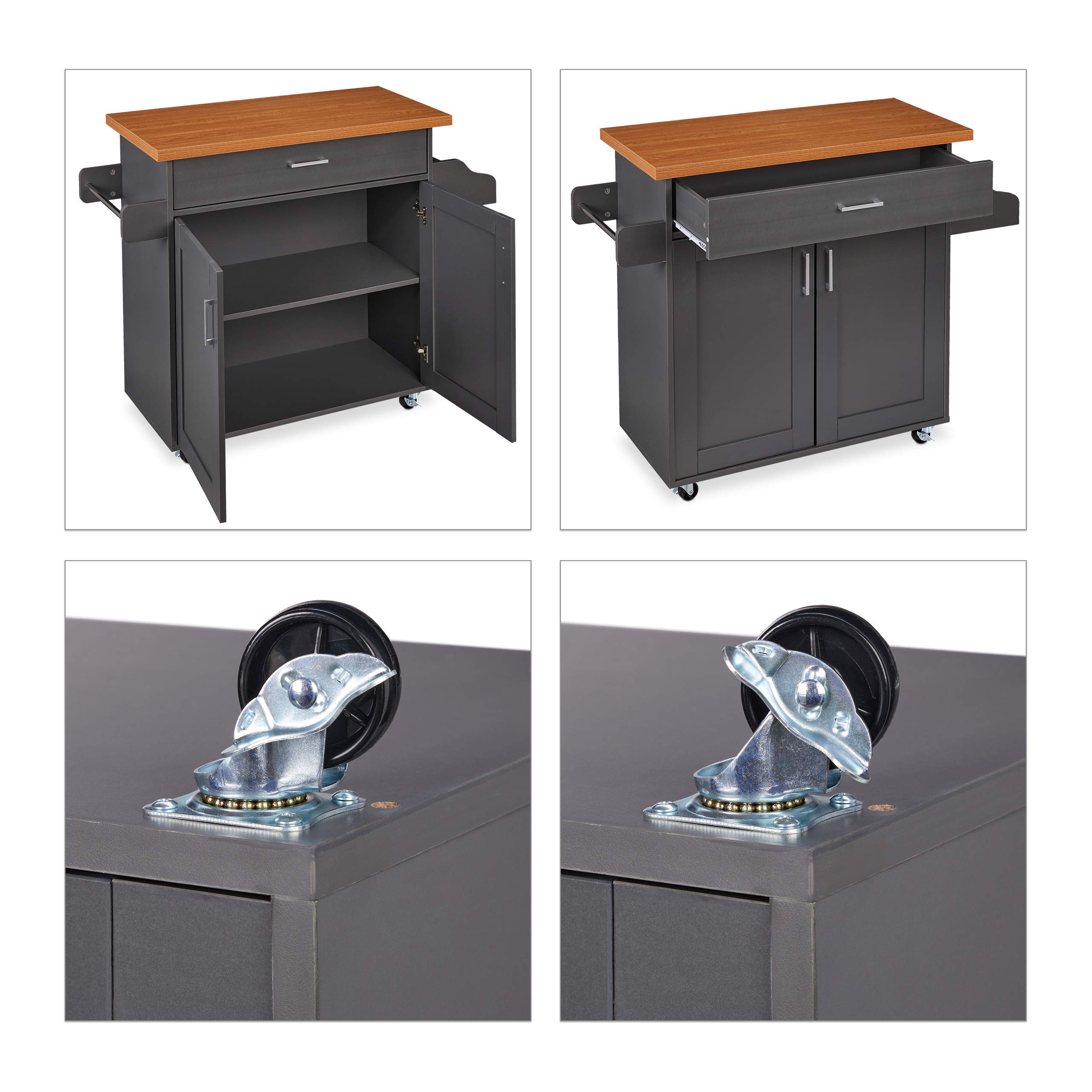 Relaxdays Carrello da Cucina con Cassetti, Piano di Lavoro, 2 Scomparti, Porta Spezie & Asciugamani, Grigio/Naturale