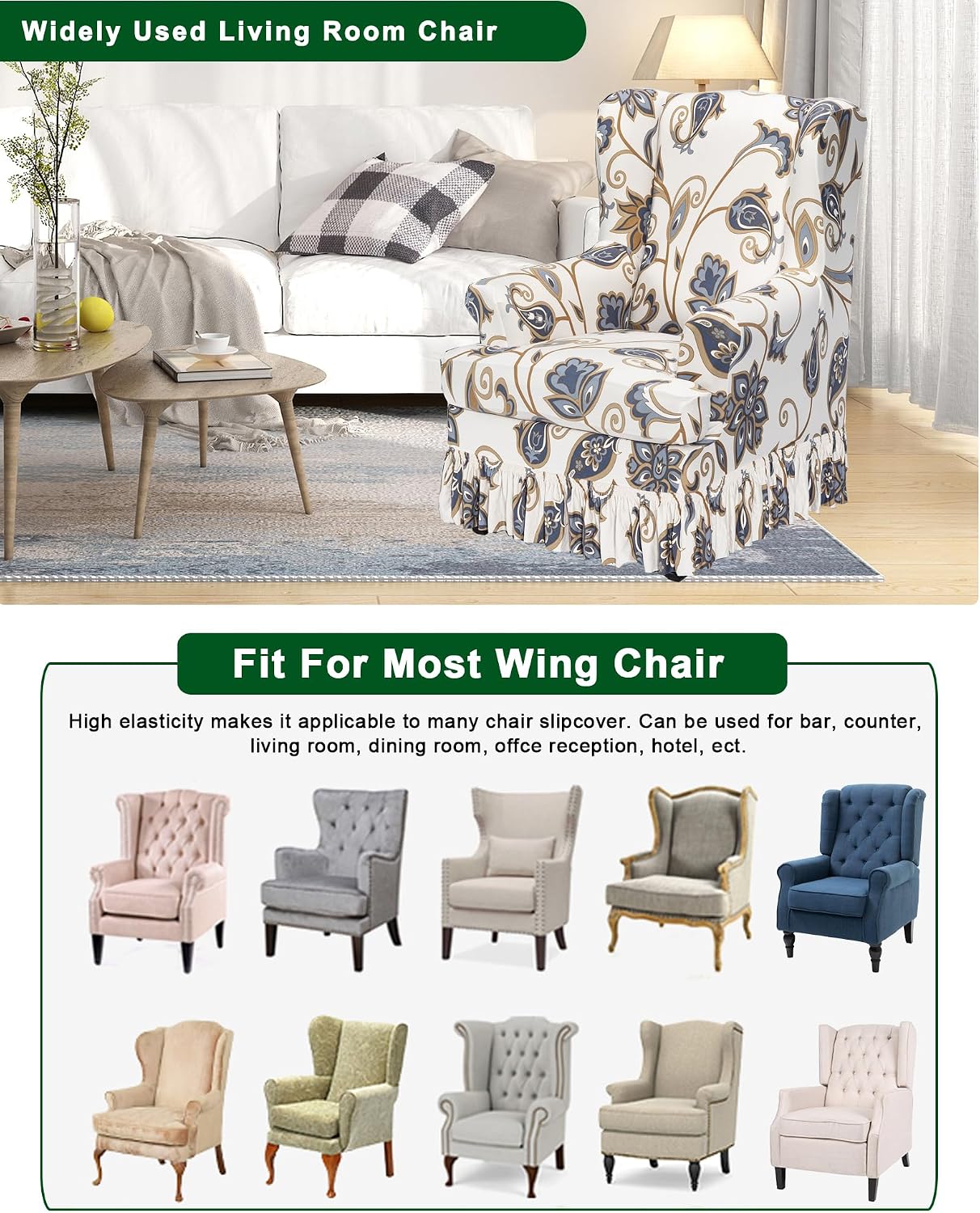 CRFATOP 2 Piece Stretch Wingback Chair Cover with Skirt Printed Wing Chair Slipcovers Spandex Fabric Wingback Armchair Covers with Cushion Slipcover for Living Room Bedroom Wingback Chair,C11