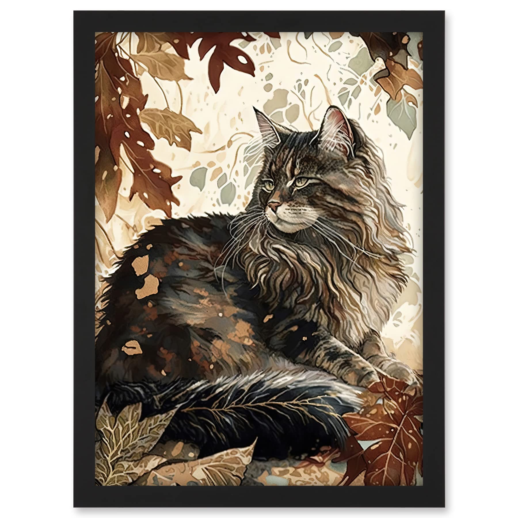 Artery8 Maine Coon Cat in Autumn Leaves Modern Watercolour Ink Illustration Artwork Framed A3 Wall Art Print
