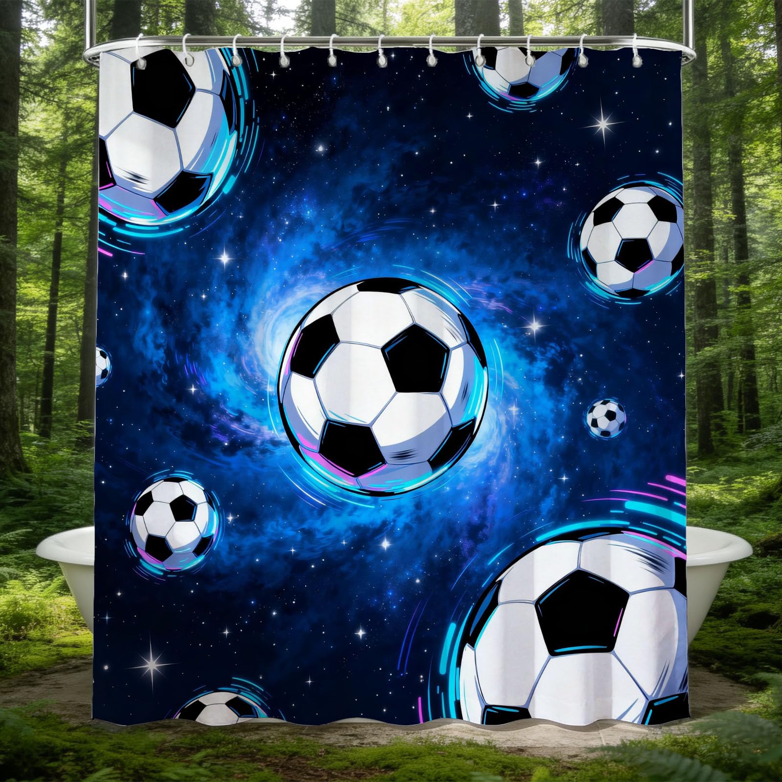 Hongduo White 3D Space Football Shower Curtain For Stalls Bathtubs Neon Effect Bathroom Decor Shower Curtain Set Polyester Fabric Waterproof 180X180cm/71X71 Inch With Hooks