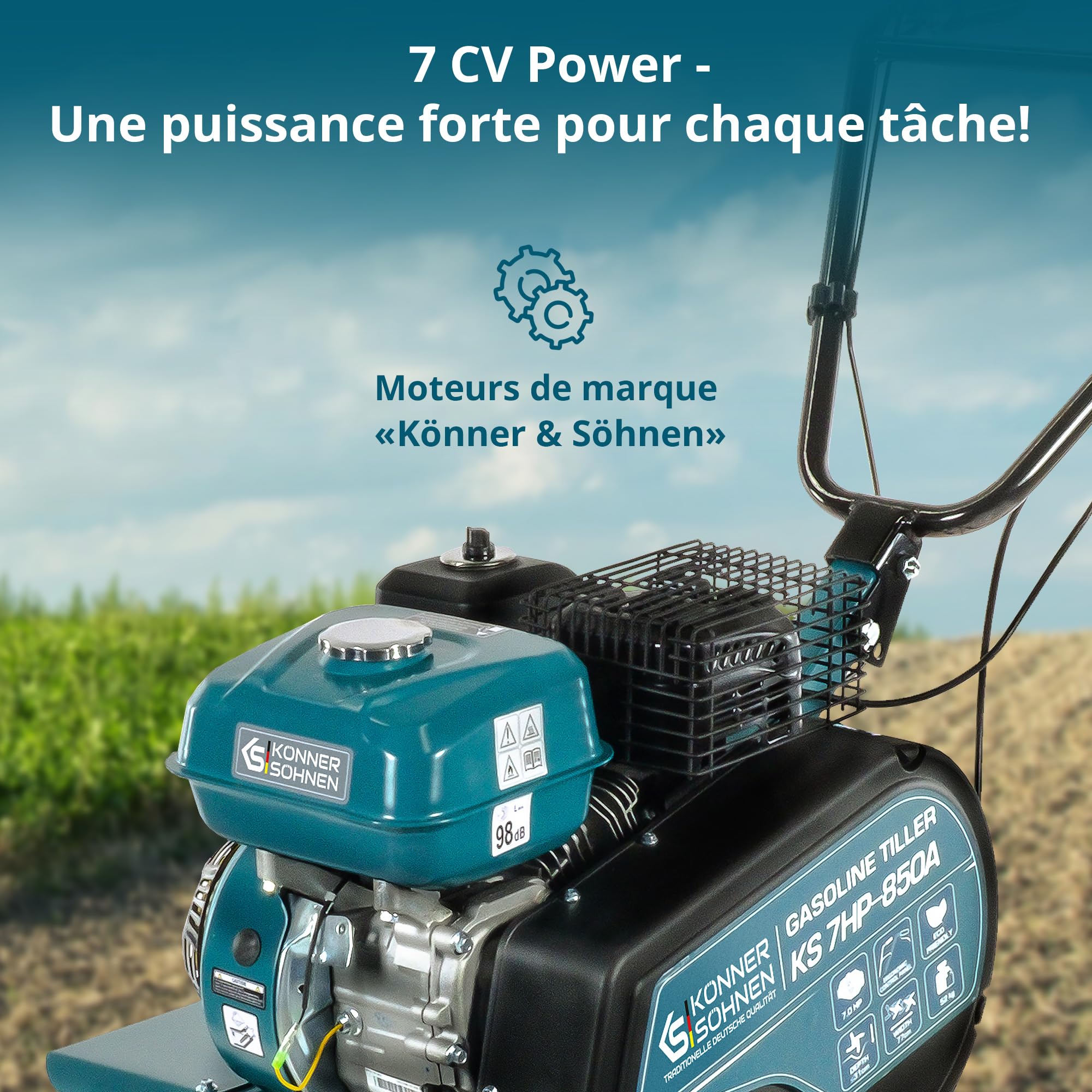 Könner & Söhnen KS 7HP-850A Motoculteur à Essence avec Transmission par Courroie, Fraise de Jardin avec Fraises forgées, cultivateur à Moteur avec soc réglable, Moteur 7 CV, cultivateur de Jardin