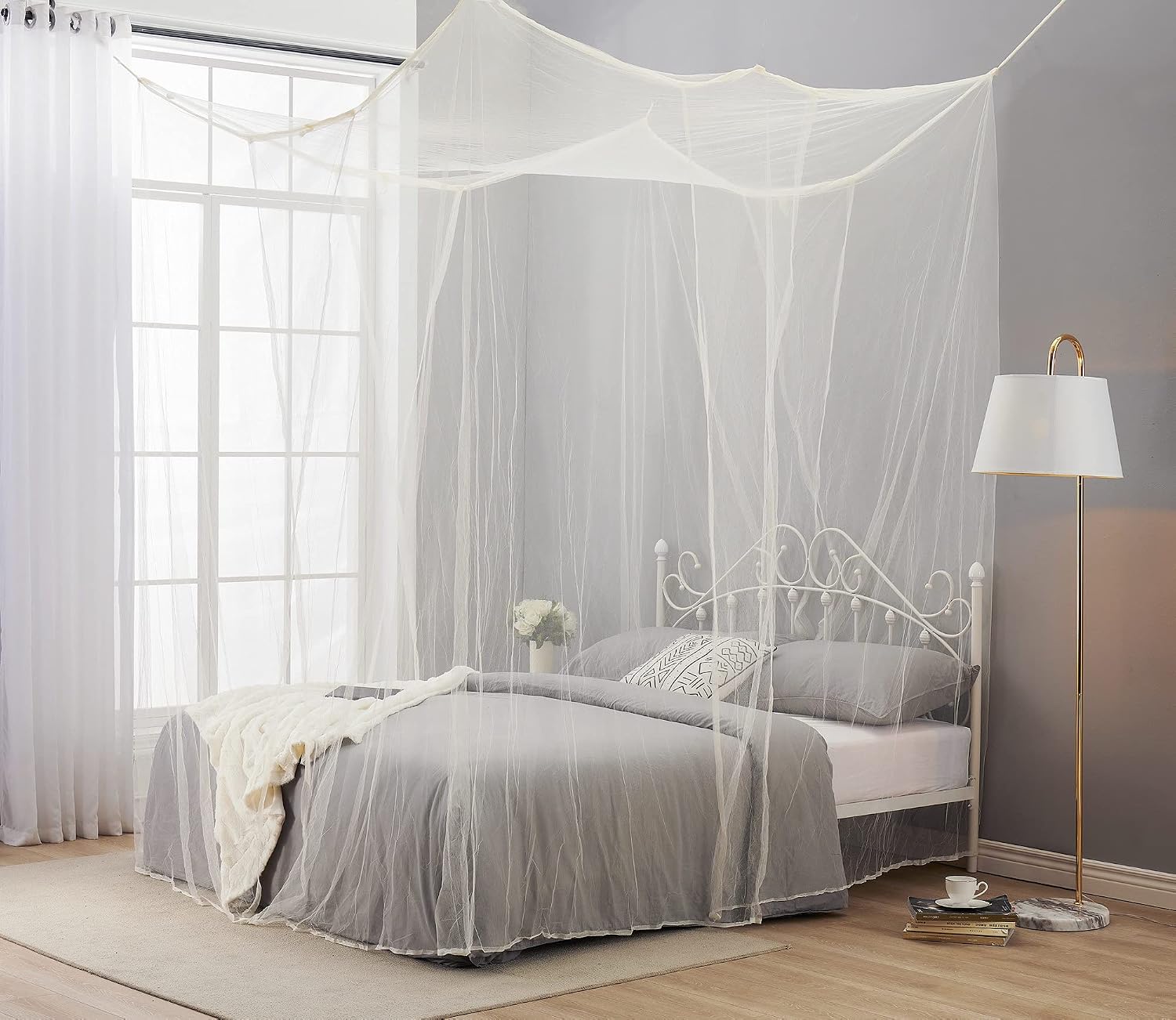 TRUEDAYS Four Corner Post Bed Canopy, Full/Queen/King Size, Beige