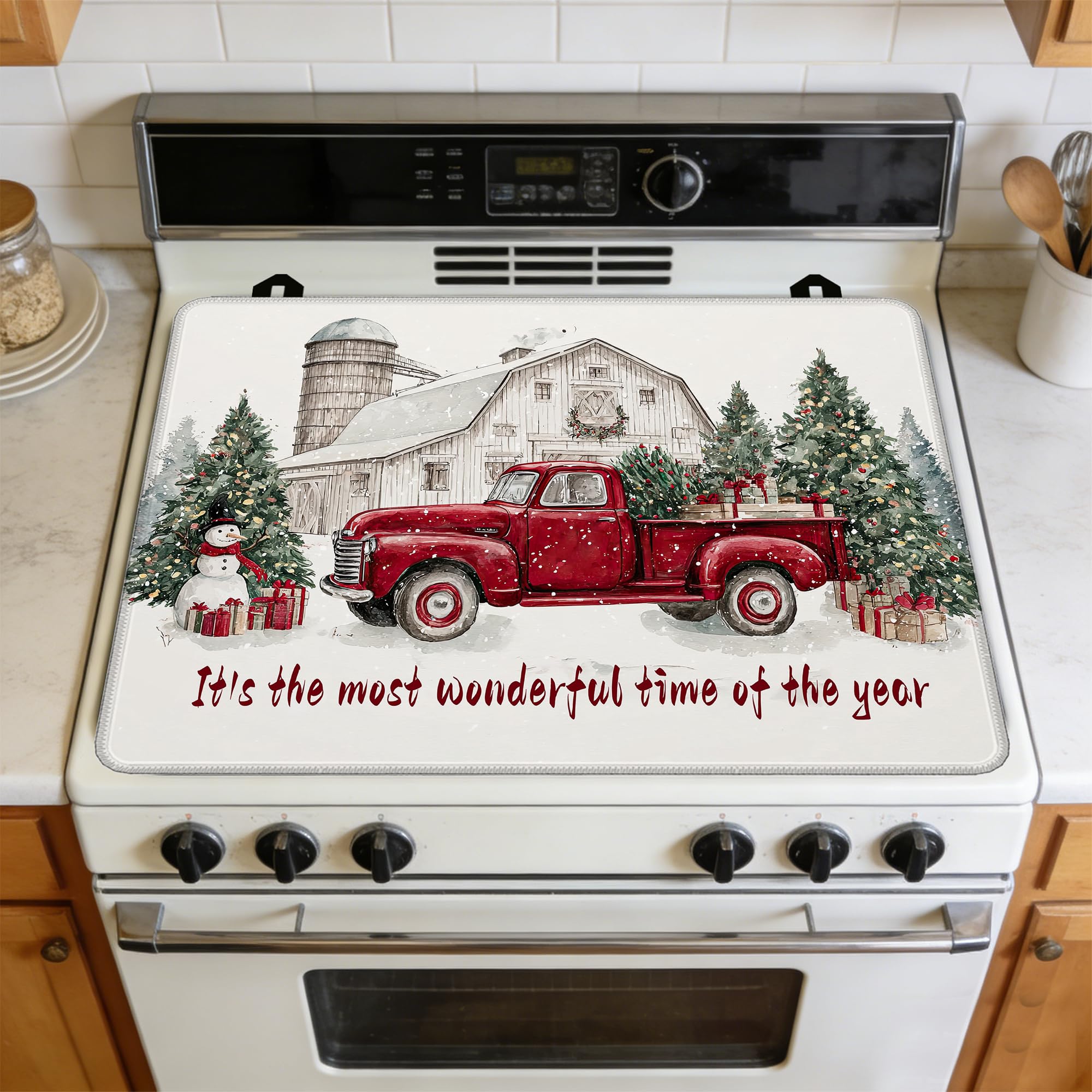 Christmas Red Truck Stove Top Covers Pad 28 x 20 inches Dish Drying Mat Coffee Bar Mats Kitchen Decor Absorbent Pad Fit Coffee Maker Machine Dish Drying