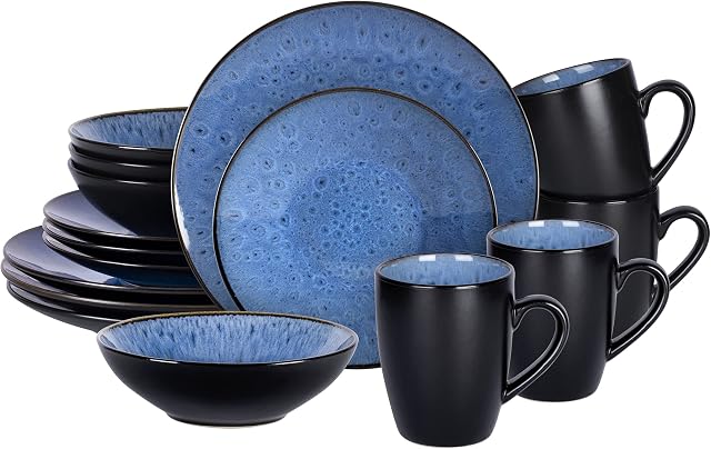 HomeVSS 16-Piece Porcelain Dinnerware Set with Reactive Glaze - Plates & Bowls Sets, 4 Deep Plates, Bowls, Mugs, Microwave & Dishwasher Safe, Stackable Art Tableware for Family- Capri Blue