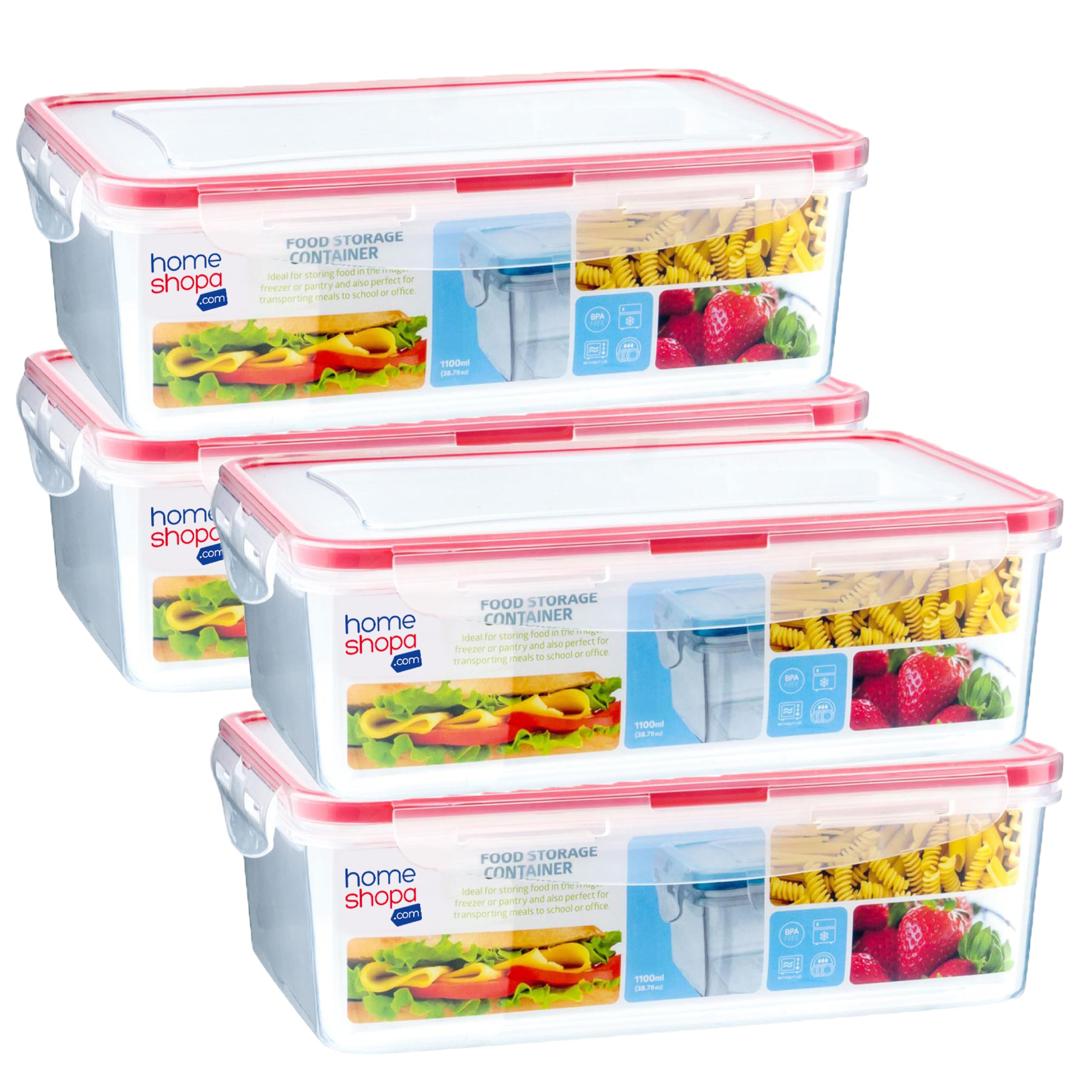 HOMESHOPA Plastic Airtight Food Storage Containers, 4 Pack 1100ml BPA Free Leakproof Stackable Reusable Lunch Boxes, Meal Prep Container for Kitchen & Pantry, Microwave Freezer Dishwasher Safe