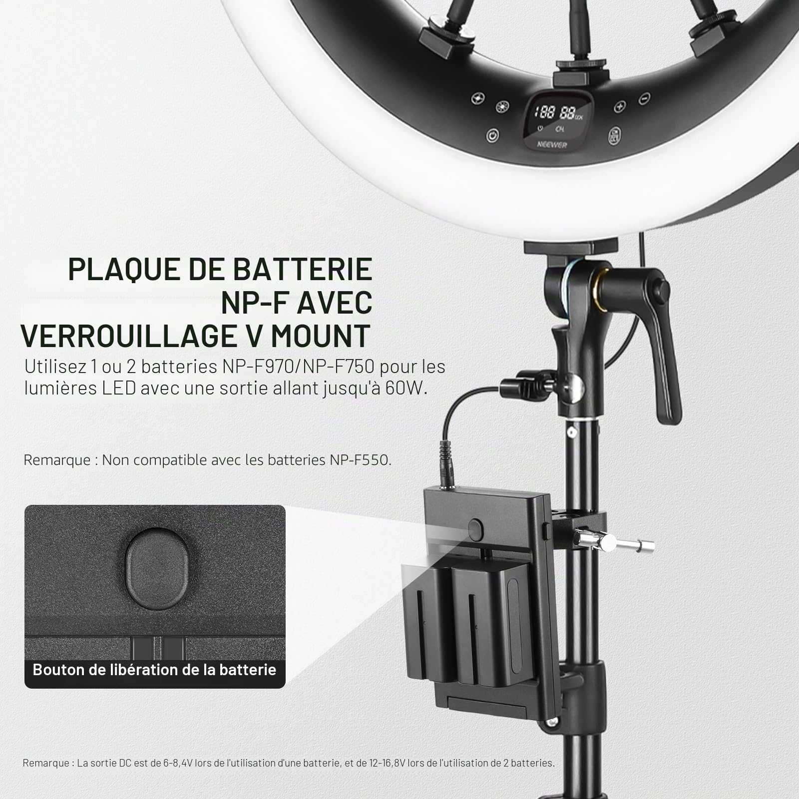 NEEWER Adaptateur convertisseur de Batterie NP-F vers Support V, avec Support de Poteau Super Pince, Plaque Double Canal Compatible avec Sony npf Batterie F970 F750, câble CC 5,5 x 2,5mm, PS010E