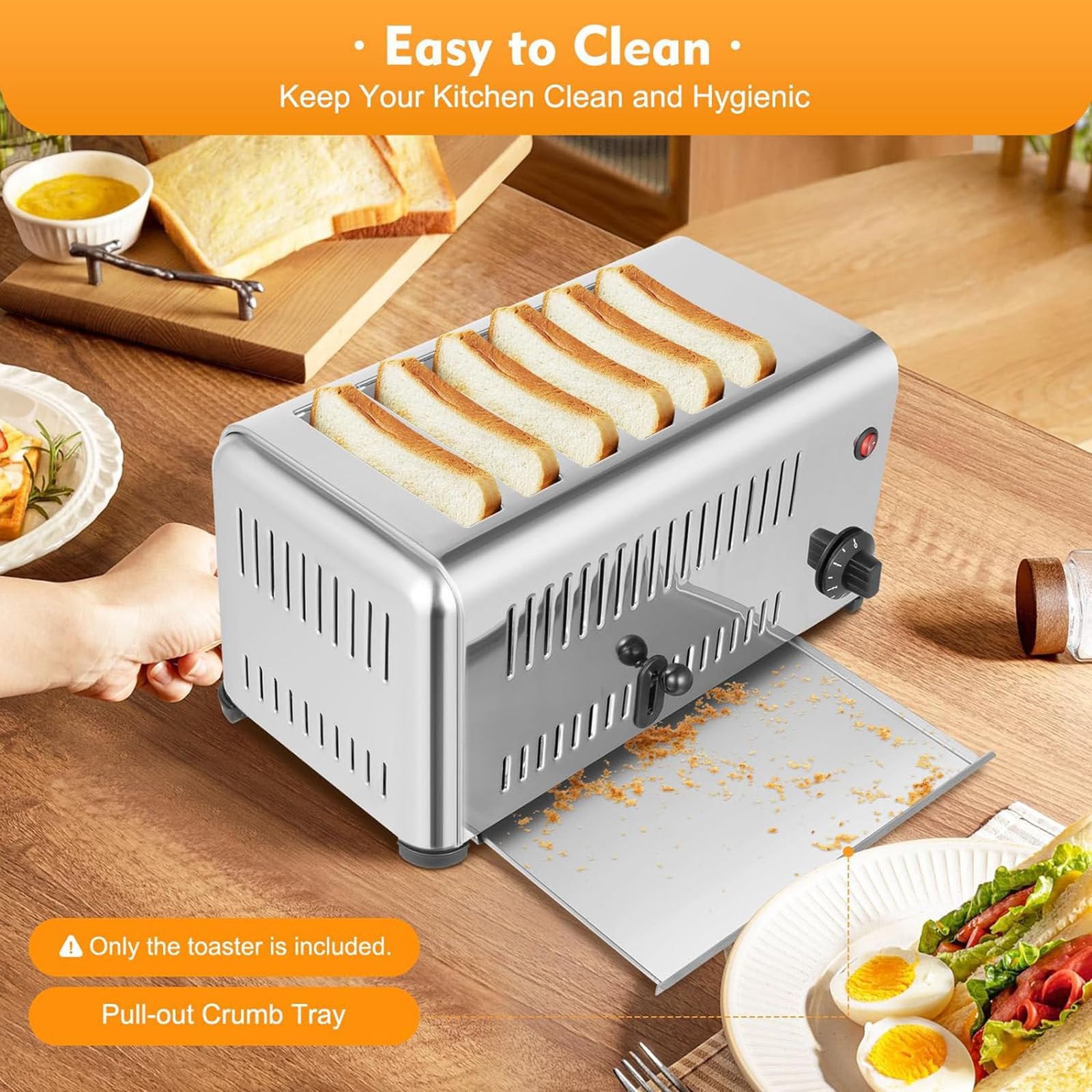 Tostadora Comercial, 6 Rebanadas Tostadora EléCtrica Emergente Comercial Tostadora de Acero Inoxidable Tostadora de Encimera 5 Minutos Tostadora RáPida con Bandeja Restaurante