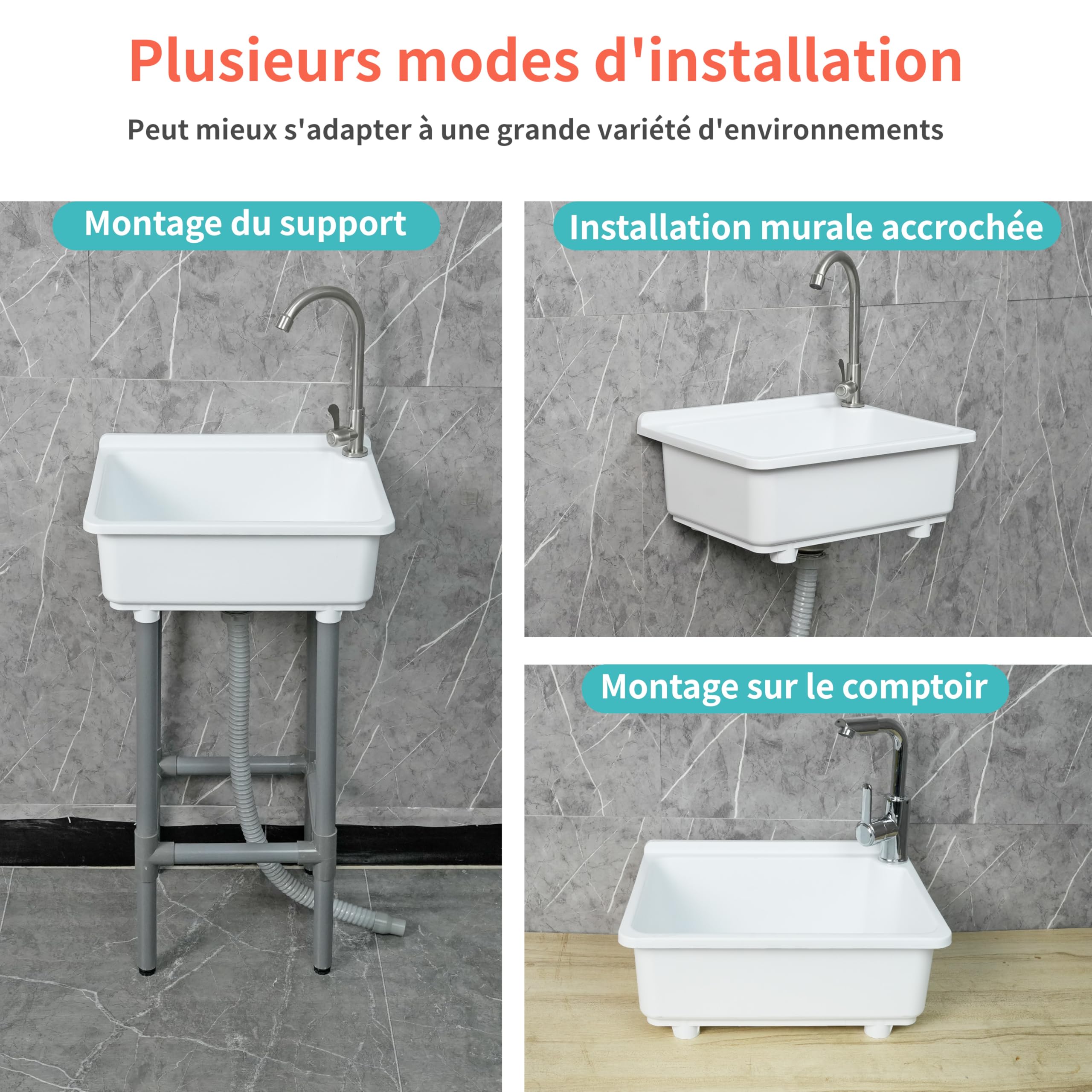Évier utilitaire mural 42x32 cm cuve unique plastique avec trou robinet 3,2 cm