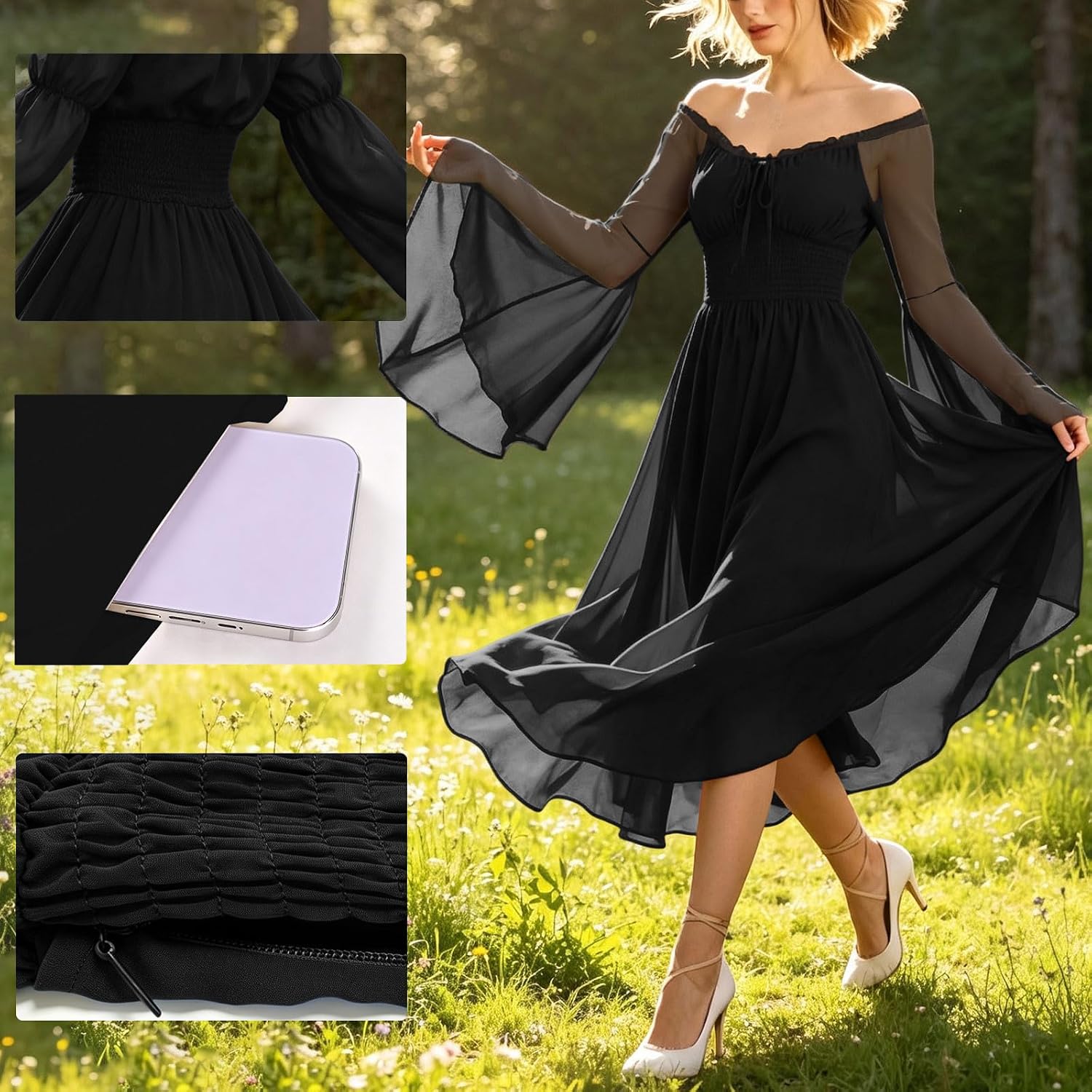 Women's Gothic Midi Dress Off Shoulder Bell Sleeves Costume Dress