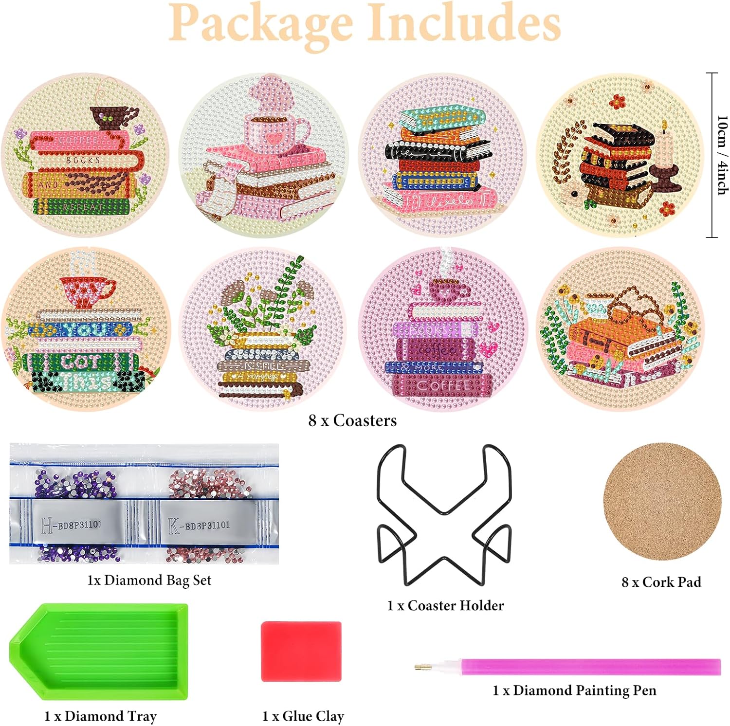 Yezavesu 8Pcs Book Lovers Diamond Art Coasters Kit with Holder, 4x4 Inch image 3