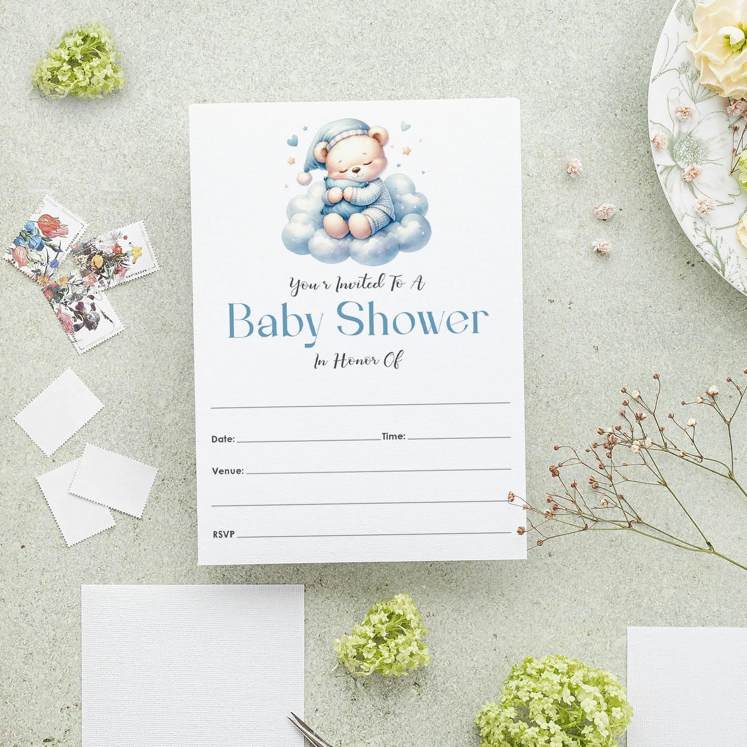 ANANYA FASHION & CRAFTS HUB 75 Pack Baby Bear In Cloud Design Baby Shower Invitation Cards Single Sided Neutral Blank Fill In Invites 5x7
