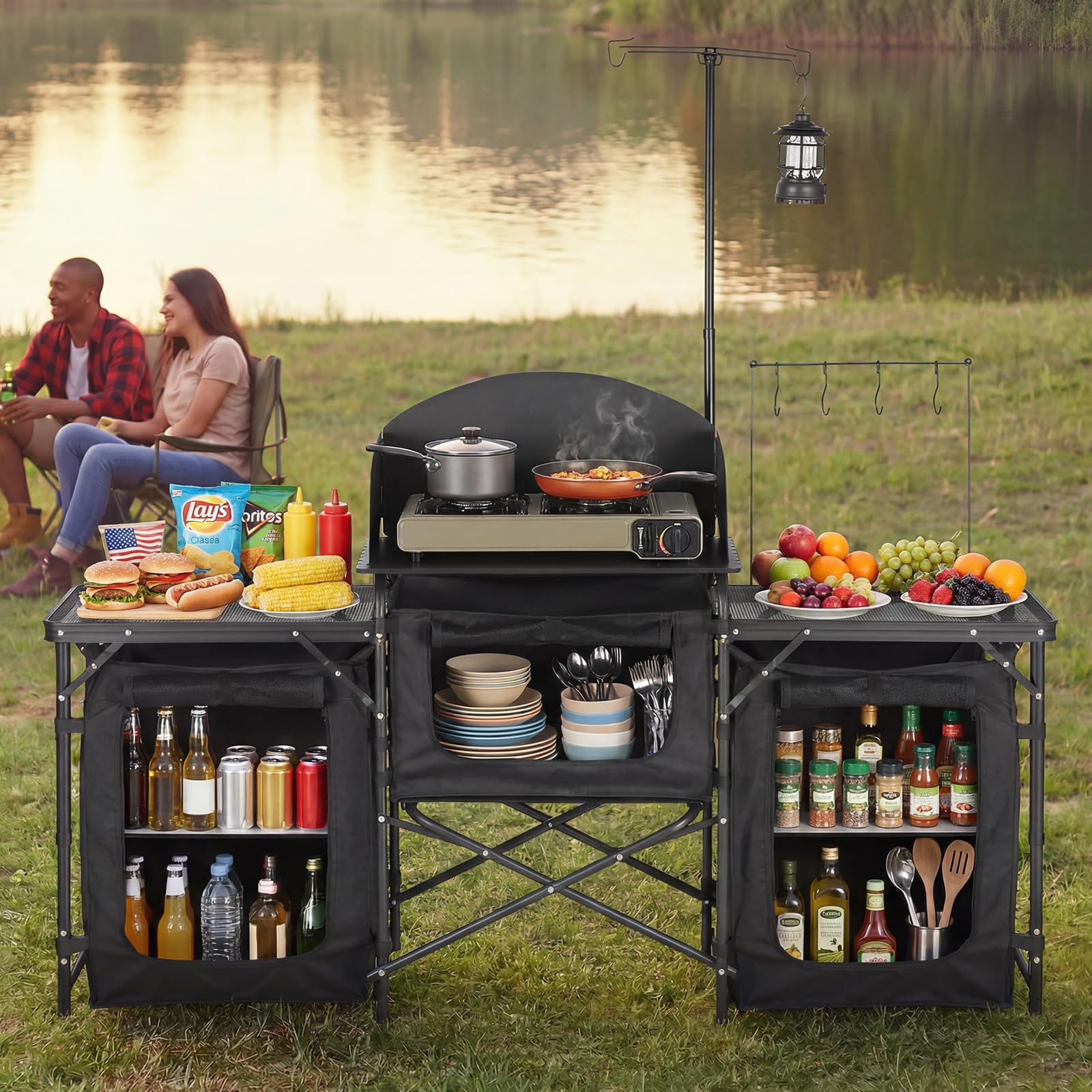 VEVOR Mobiletto Cucina Portatile Pieghevole da Campeggio, Mobiletto da Campeggio 2 Tavolini Laterali Rete Metallica Paravento Rimovibile per Fornello 3 Scomparti Portaoggetti, Stazione Cucina BBQ