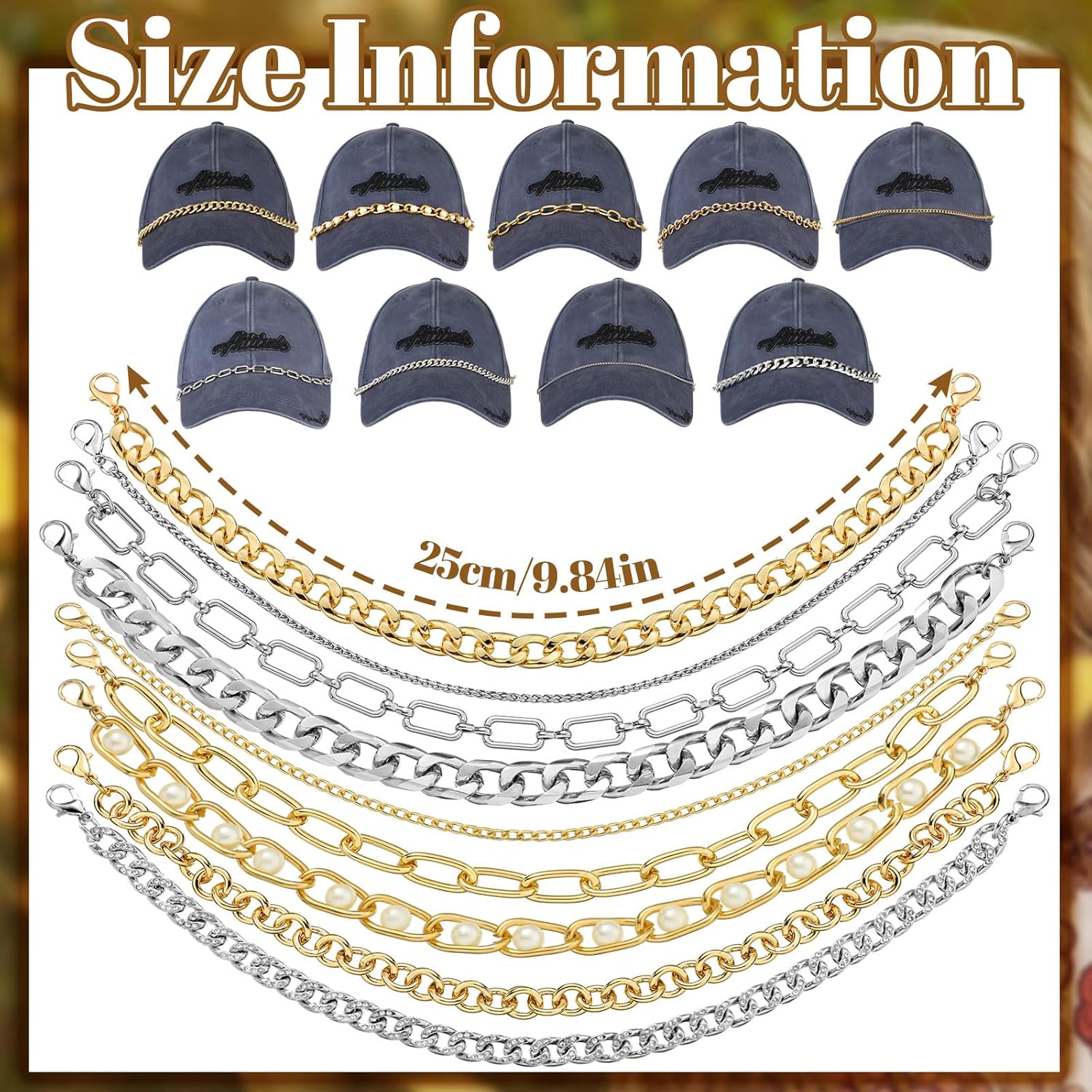 Geyoga 9 Pcs Trucker Hat Chains Trucker Hat Charms Women Man Bill Decoration Detachable DIY Metal Chain for Mesh Baseball Cap (Gold Silver,Classic) - Image 4