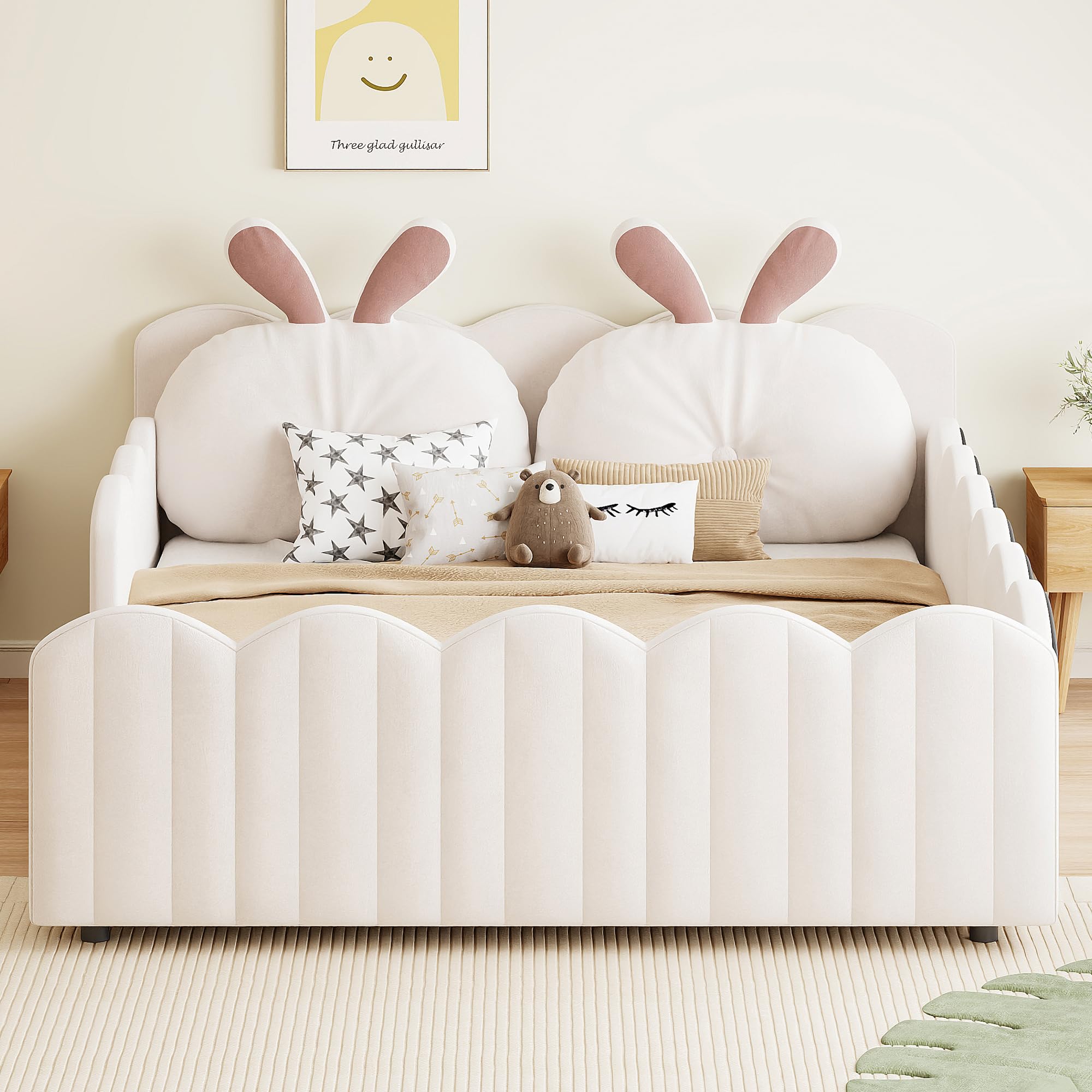 Letto imbottito 140 x 200 cm, letto con cuscino a forma di coniglio, letto per ragazzi con griglia, lettino per appartamento (senza materasso) lino beige