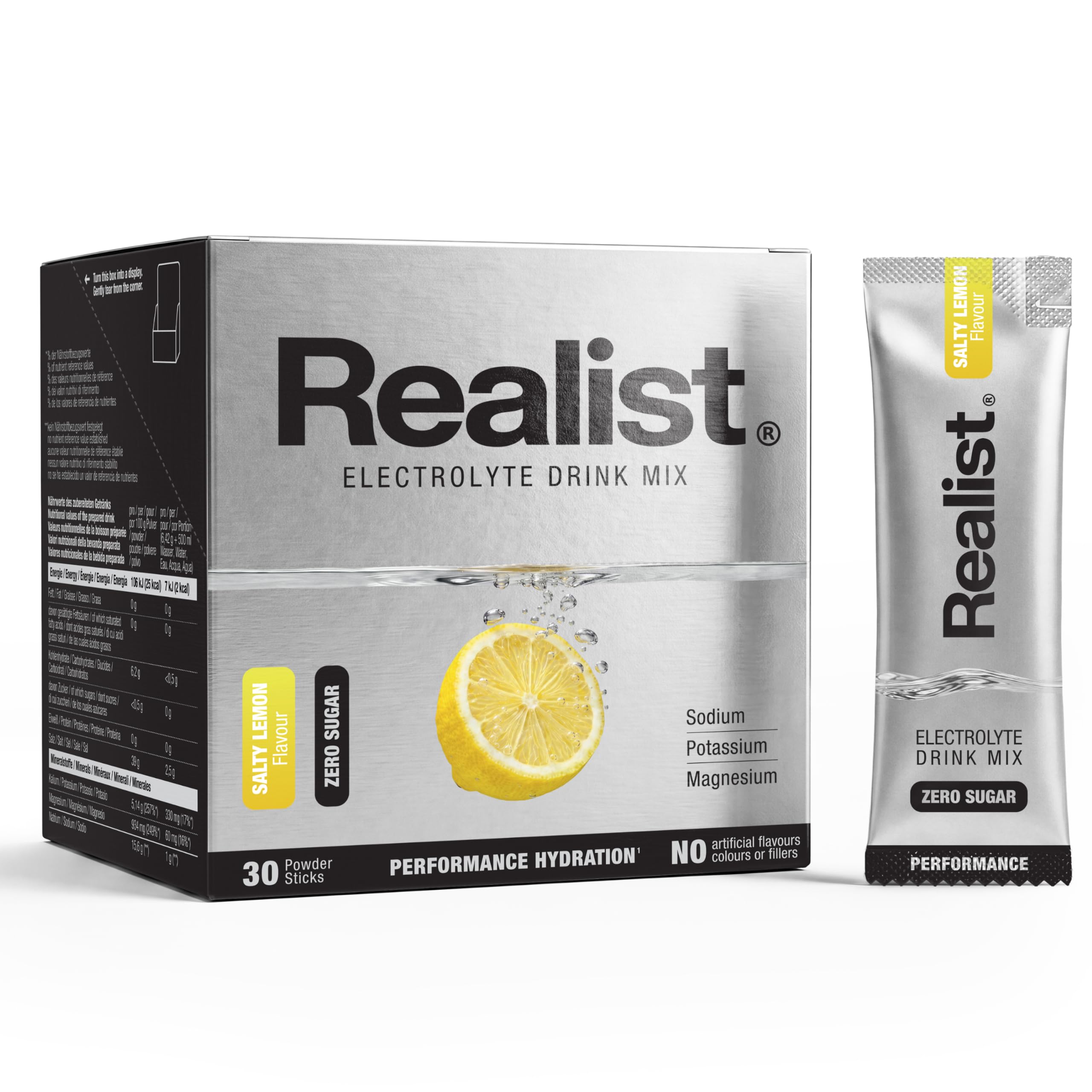 REALIST® Elektrolyte Ohne Zucker [30 STICKS] Elektrolyt Pulver | High Salt PERFORMANCE Electrolytes - für Sport und Anstrengung - Natrium, Kalium, Magnesium - KETO | Salty Zitronen Geschmack