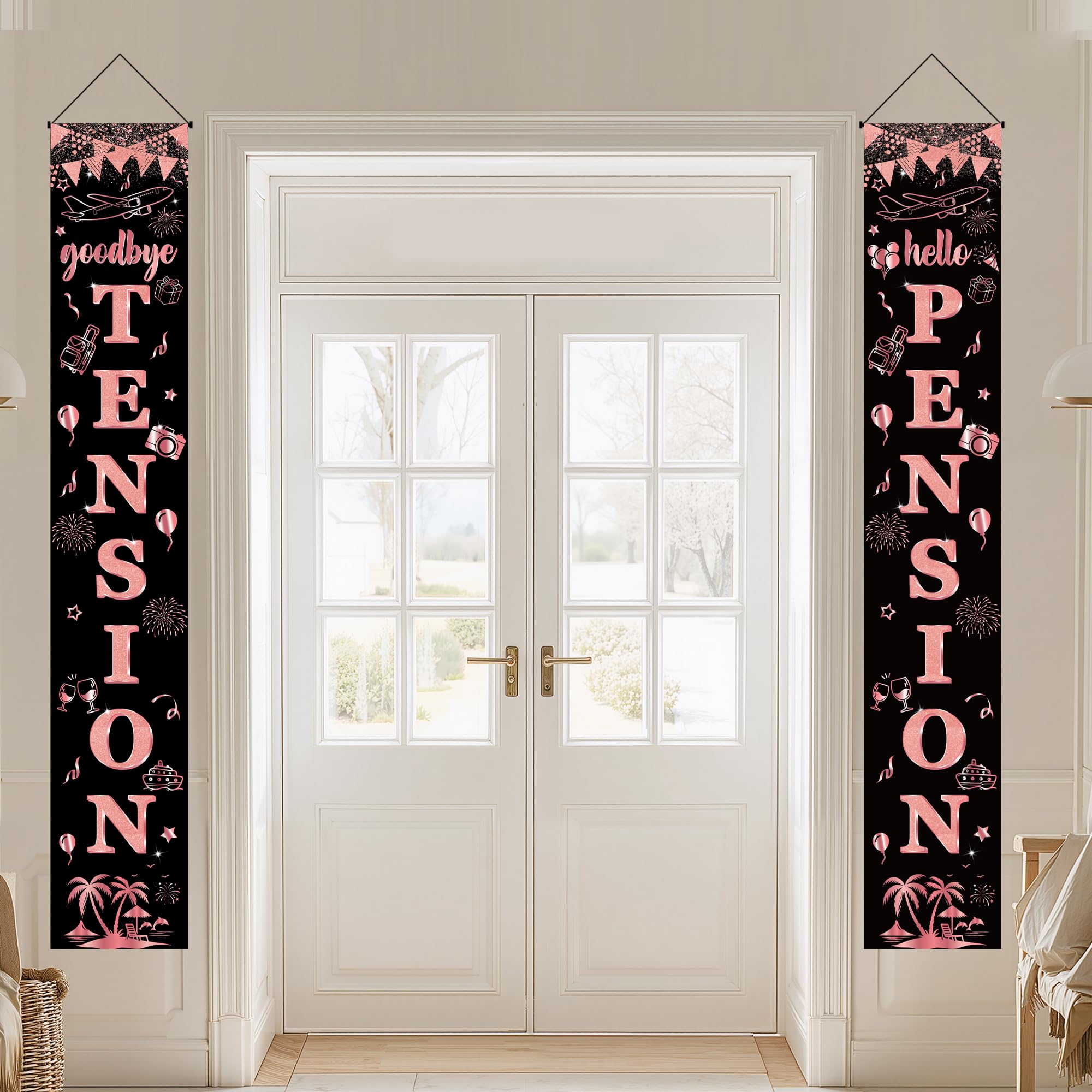 Retirement Party Decorations Door Banner - 2 Pcs Black Rose Gold Door Banner Goodbye TENSION Hello PENSION Hanging Set for Women Happy Retirement Party Supplies, 180 x 30 cm