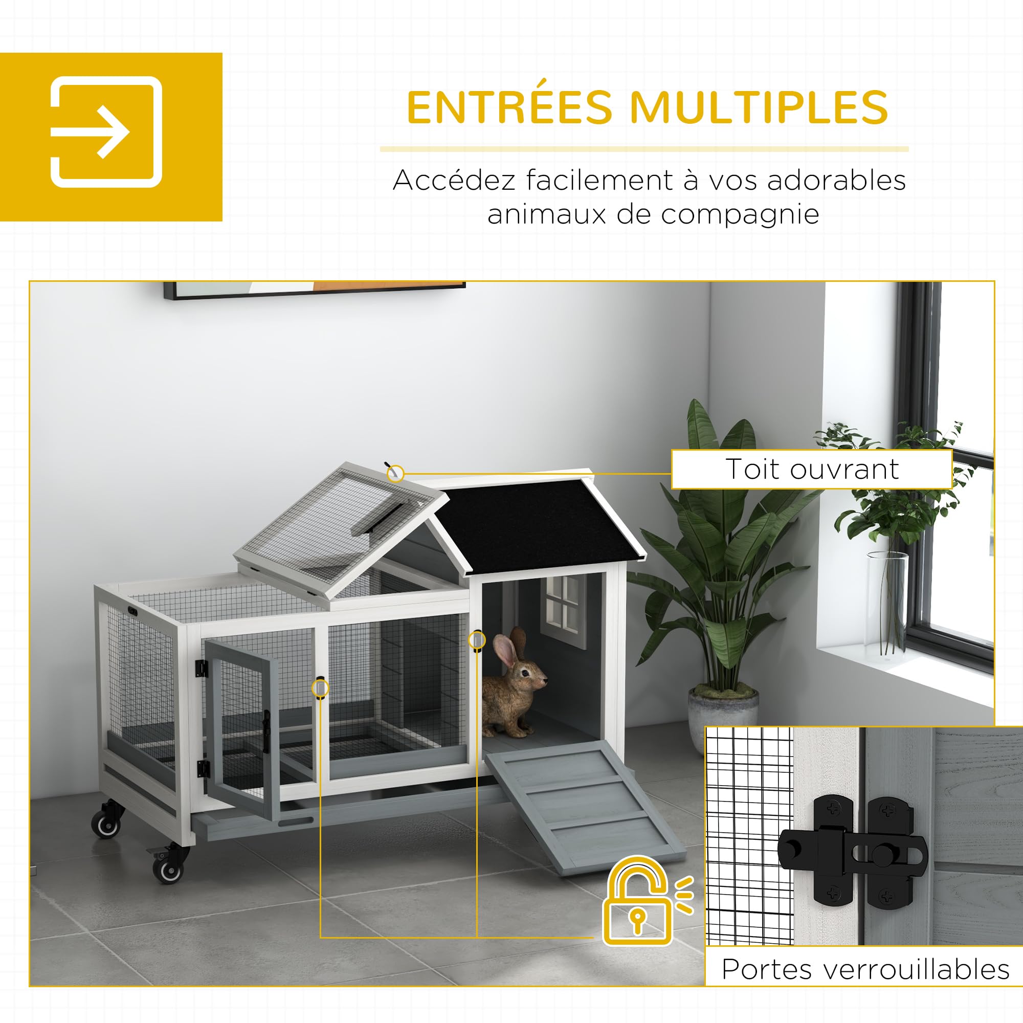 PawHut Gabbia legno conigli e cavie 108x58x73,5cm grigio | Casetta per animali piccoli con ruote, per esterno e interno, vassoio estraibile