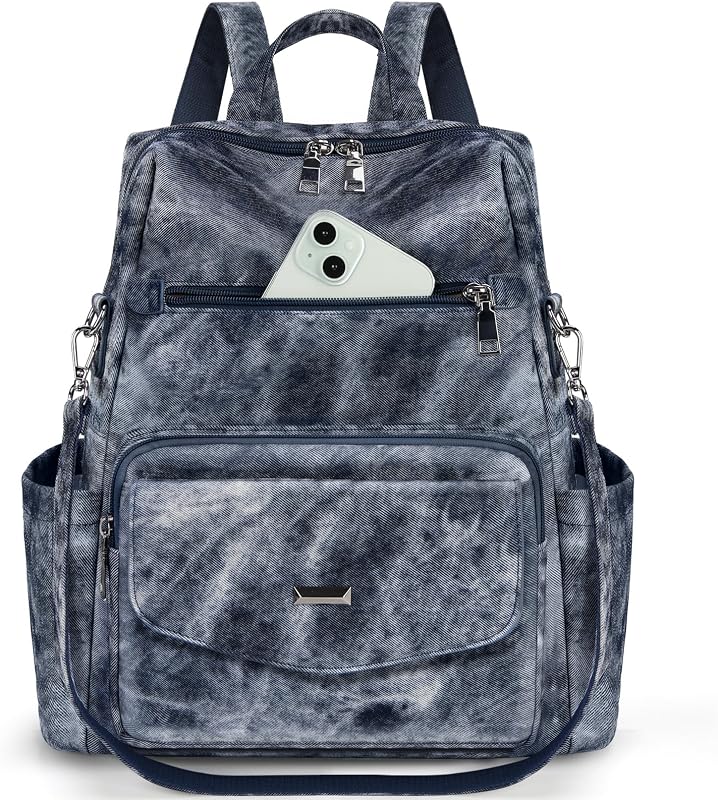 RAINSMORE Convertible Backpack Purse for Women Designer PU Leather Backpack Purse Waterproof Fashion Backpack Handbags 13.3 Inch Anti Theft Crossbody Shoulder Bag for Work Travel College Denim Blue