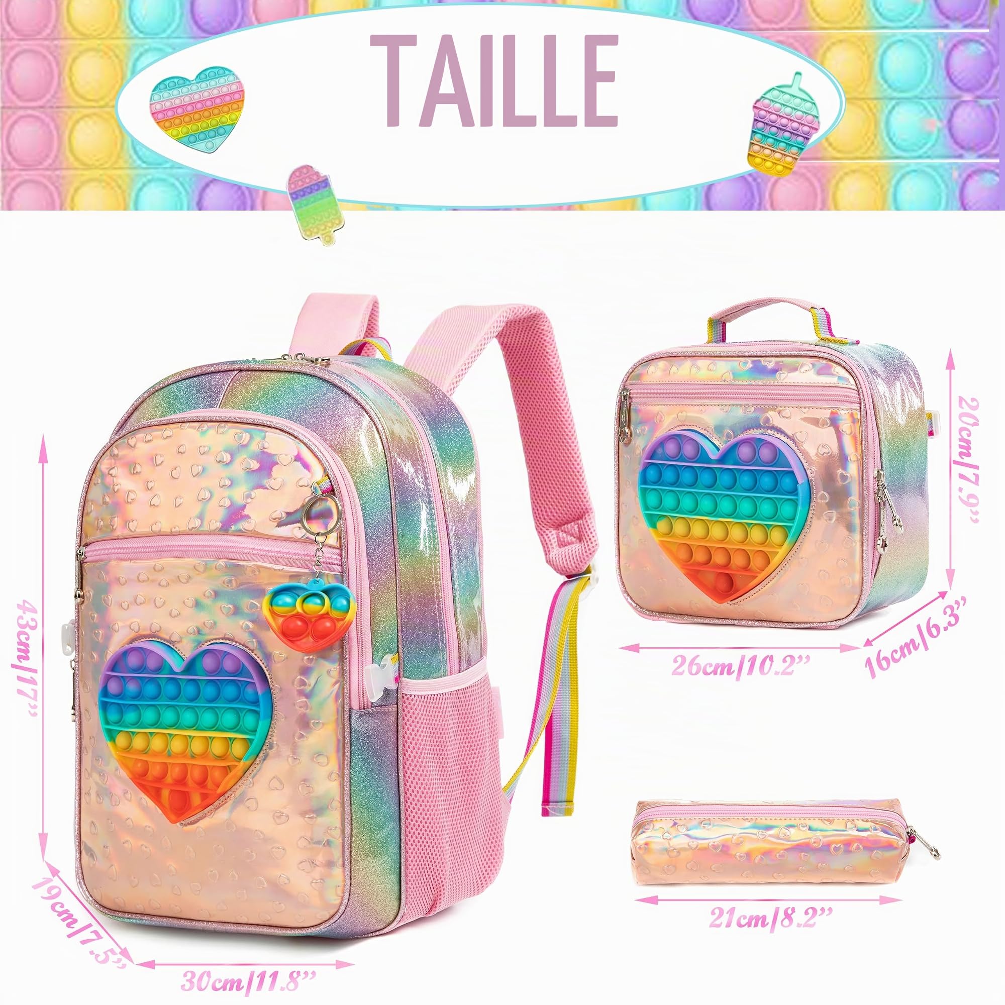 HTgroce Cartable Fille Primaire Cartable Licorne Sac à Dos Filles Enfants Elementaire Sacs Scolaires de 3 Pieces avec Sacs à Lunch et Trousse pour CP