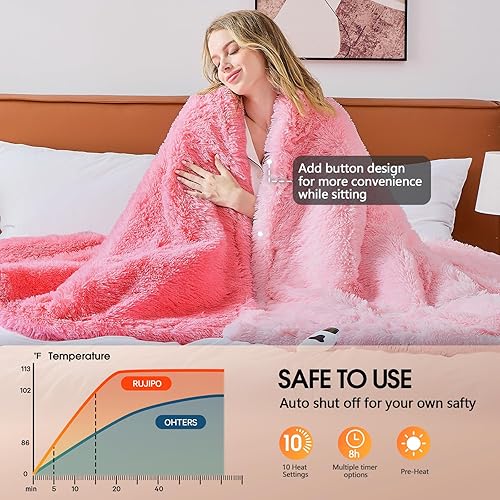 Miniatura 5 de RUJIPO Manta térmica eléctrica, manta eléctrica con forro polar Sherpa y piel sintética para cama, manta térmica de felpa con 10 niveles de