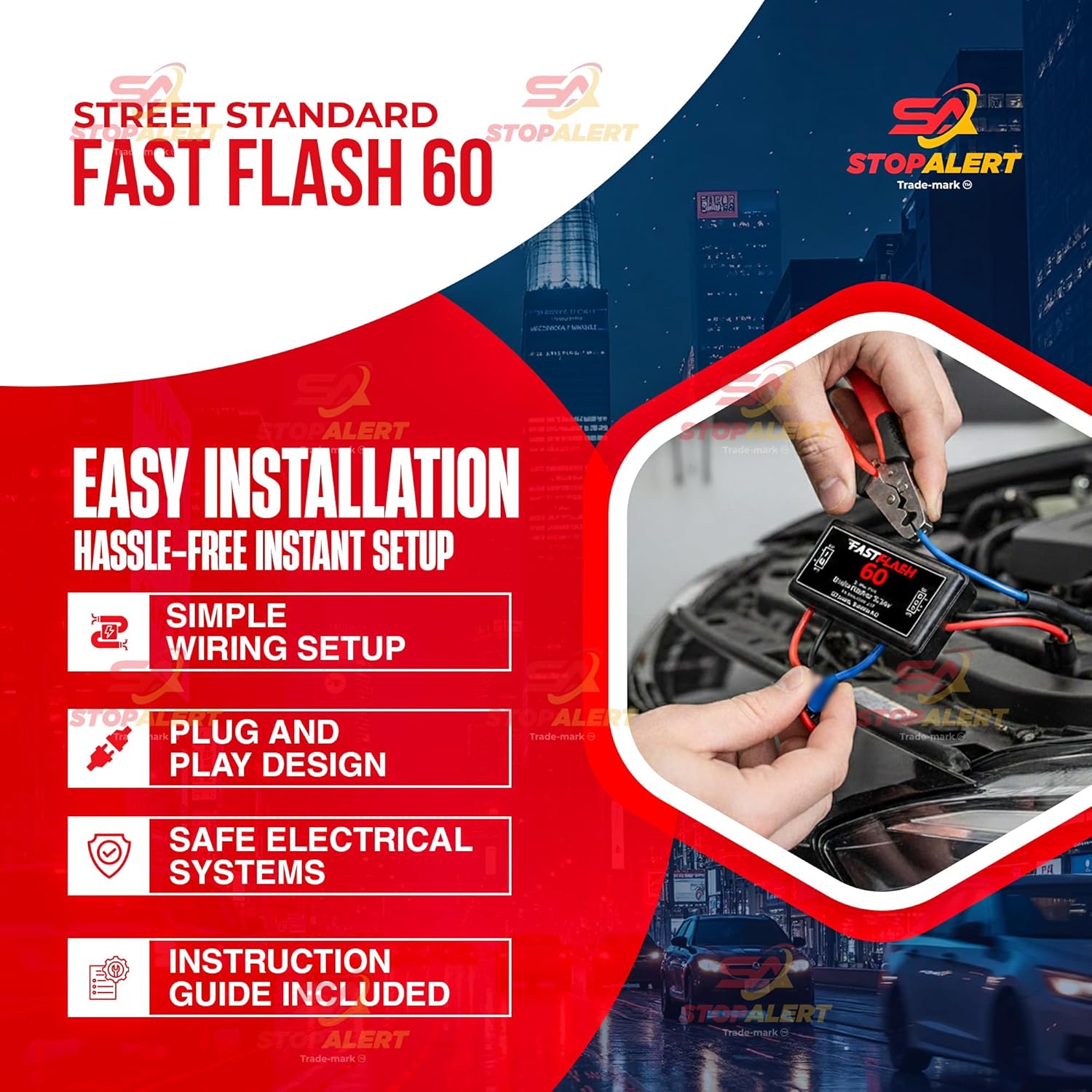 FastFlash 60 Watts Best Brake Flasher Tail & Stop Light Strobe 50X Fastest Preprogrammed 3 Blink Pattern Sequence - LED & ANY OTHER BULB for Cars, Trucks, Motorcycles mount 5A 12-24V