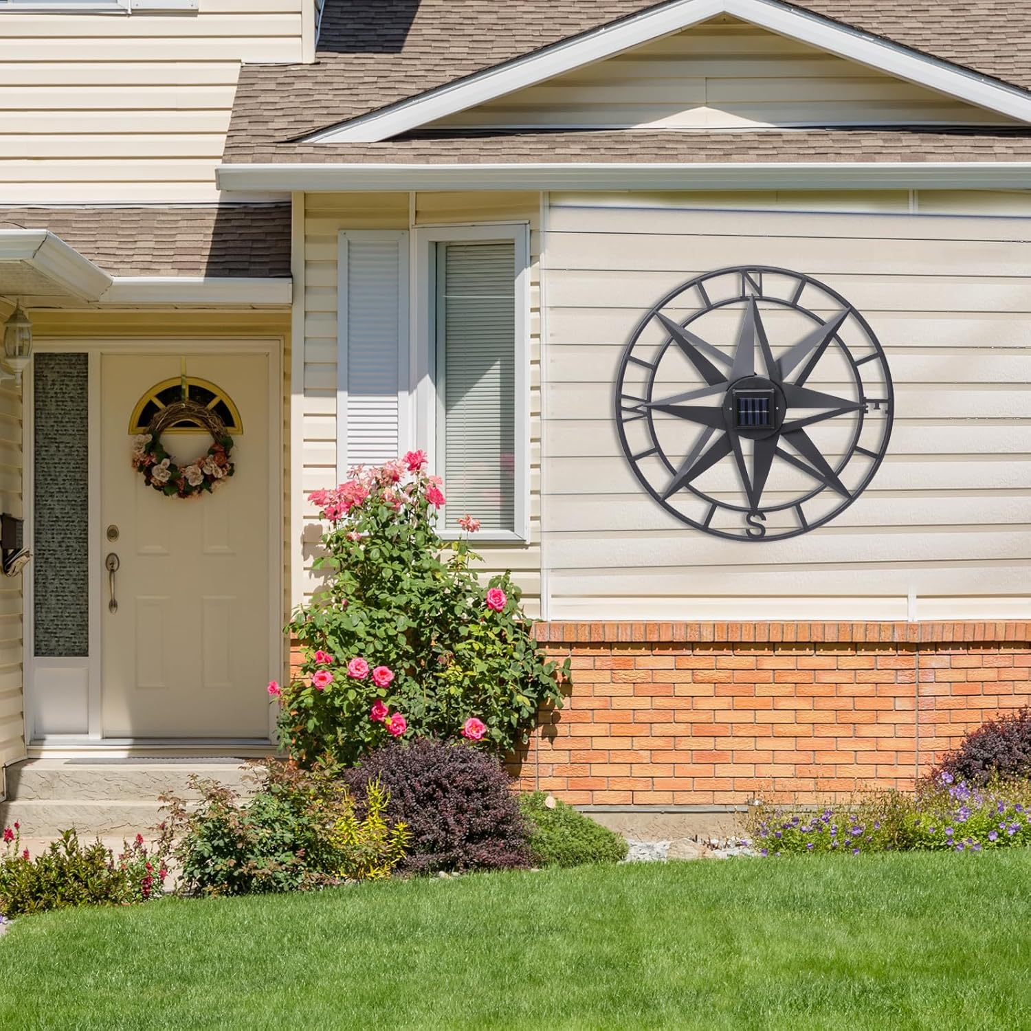 MUMTOP Metal Compass Wall Decor, 22 Inch Nautical Wall Sculpture with Solar Lights, Hanging Art for Farmhouse Indoor or Outdoor Sign