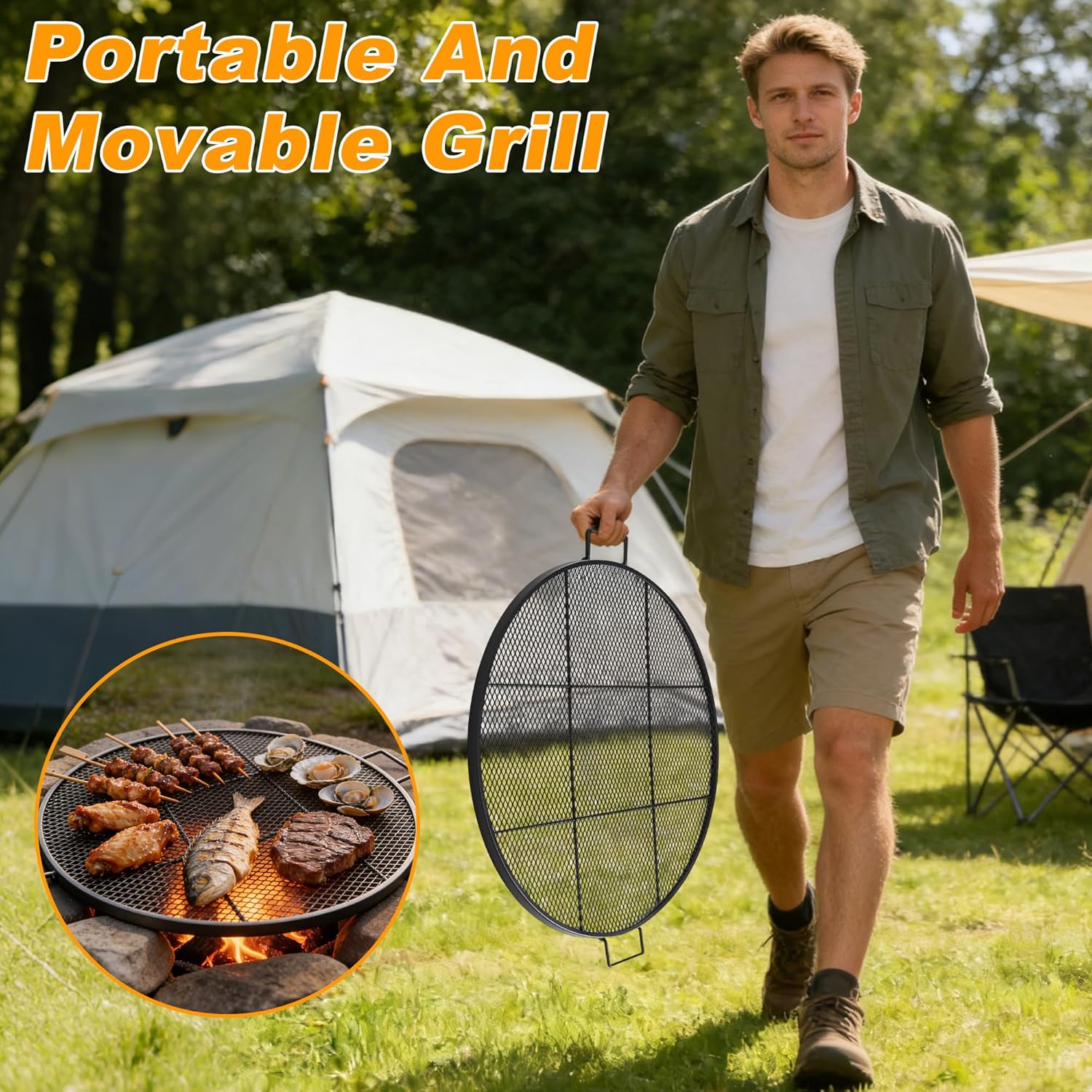 Fire Pit Grill for Outdoor,24 Inch Round Grill Grate Heavy Duty BBQ Grilling Rack with Handles,Outdoor Cooking Grate for Fire Pit,Patio,Backyard,Campfire