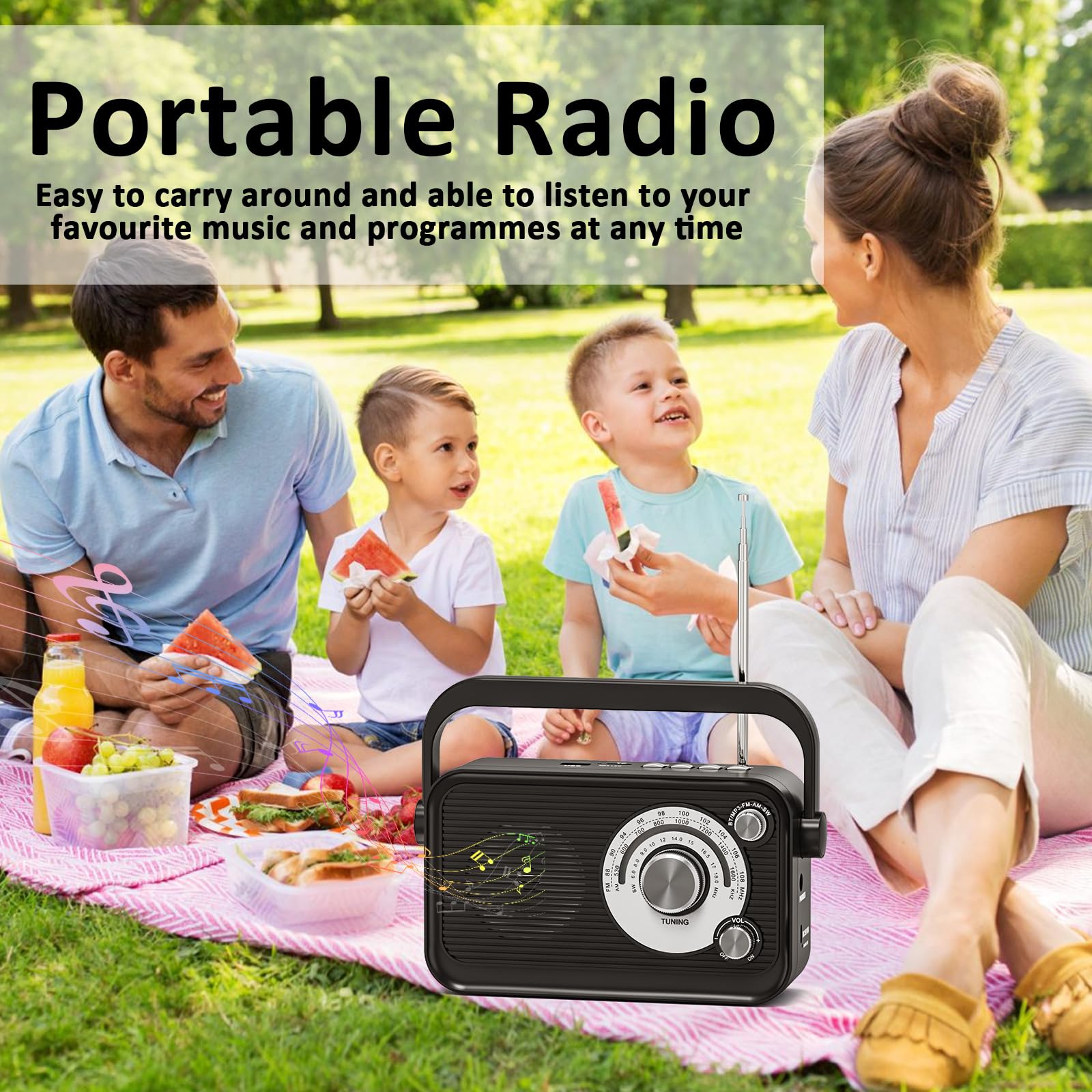 Tendak Tragbares Radio, Kofferradio UKW/FM/AM/SW, Transistorradio Batterie Radio mit Bestem Empfang, Kopfhöreranschluss, Bluetooth, 5W Großem Lautsprecher, USB/TF