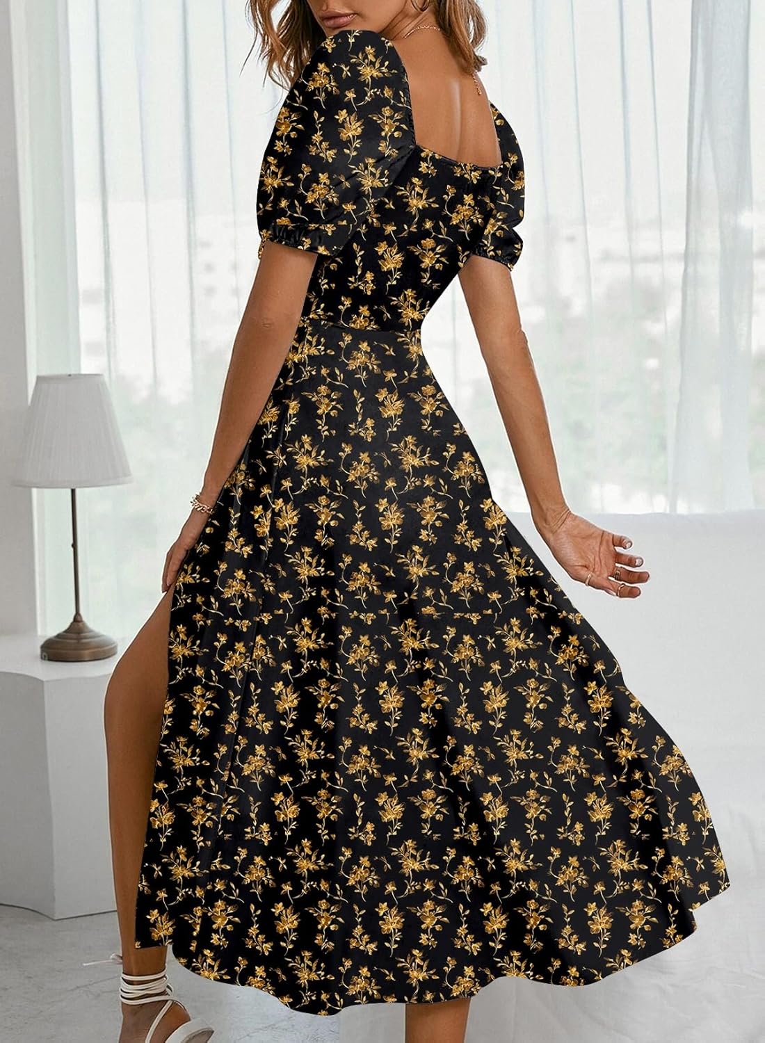 BLENCOT Womens Casual Summer Square Neck Short Sleeve Split Thigh Cotton Dress Boho Floral Print Tie Front Midi Dresses