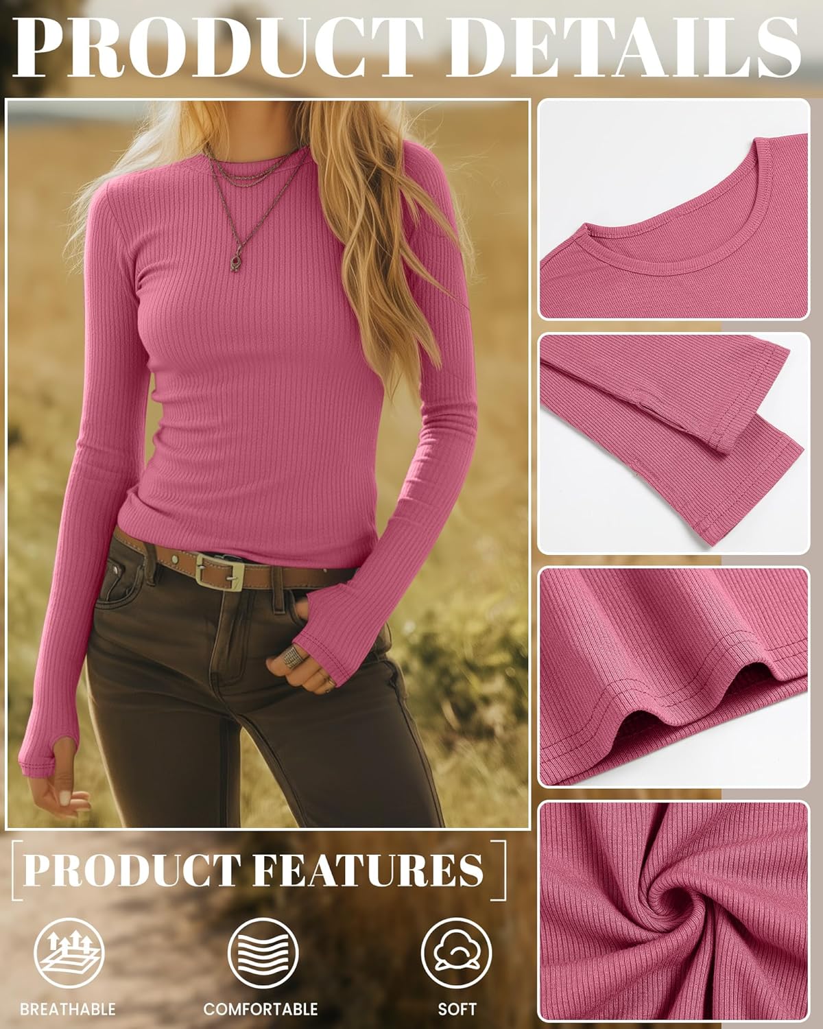 4 Pack Women's Ribbed Long Sleeve Shirts with Thumb Holes Cotton Crewneck Slim Fit Tops Knit Casual Basic T-Shirts - Image 5
