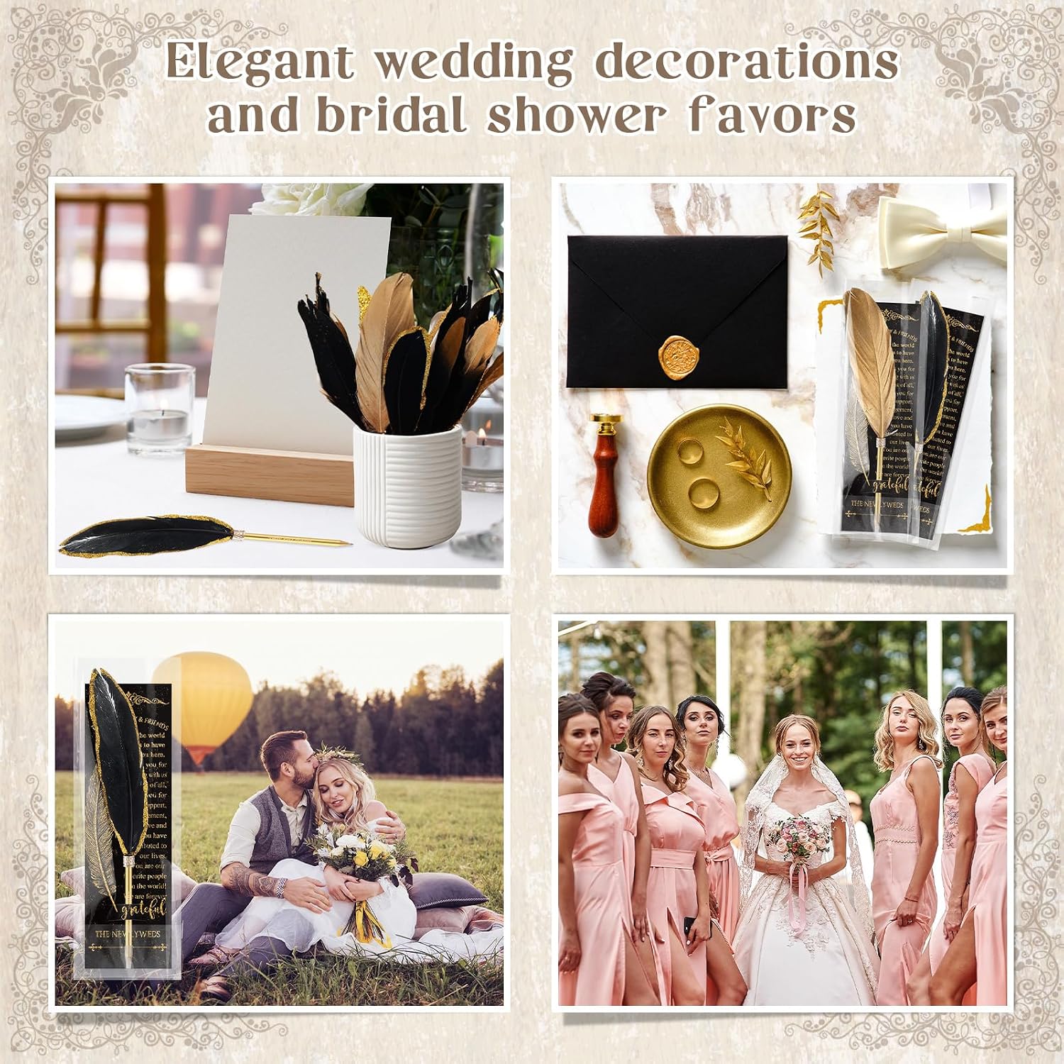 Spakon 25 Sets Feather Pen Wedding Favors Bulk bridal Shower Quill Ballpoint Pens Gold Vintage Bridal Shower Favors with Thank You Tags Wedding Gifts Souvenirs for Guest Signature(Elegant)