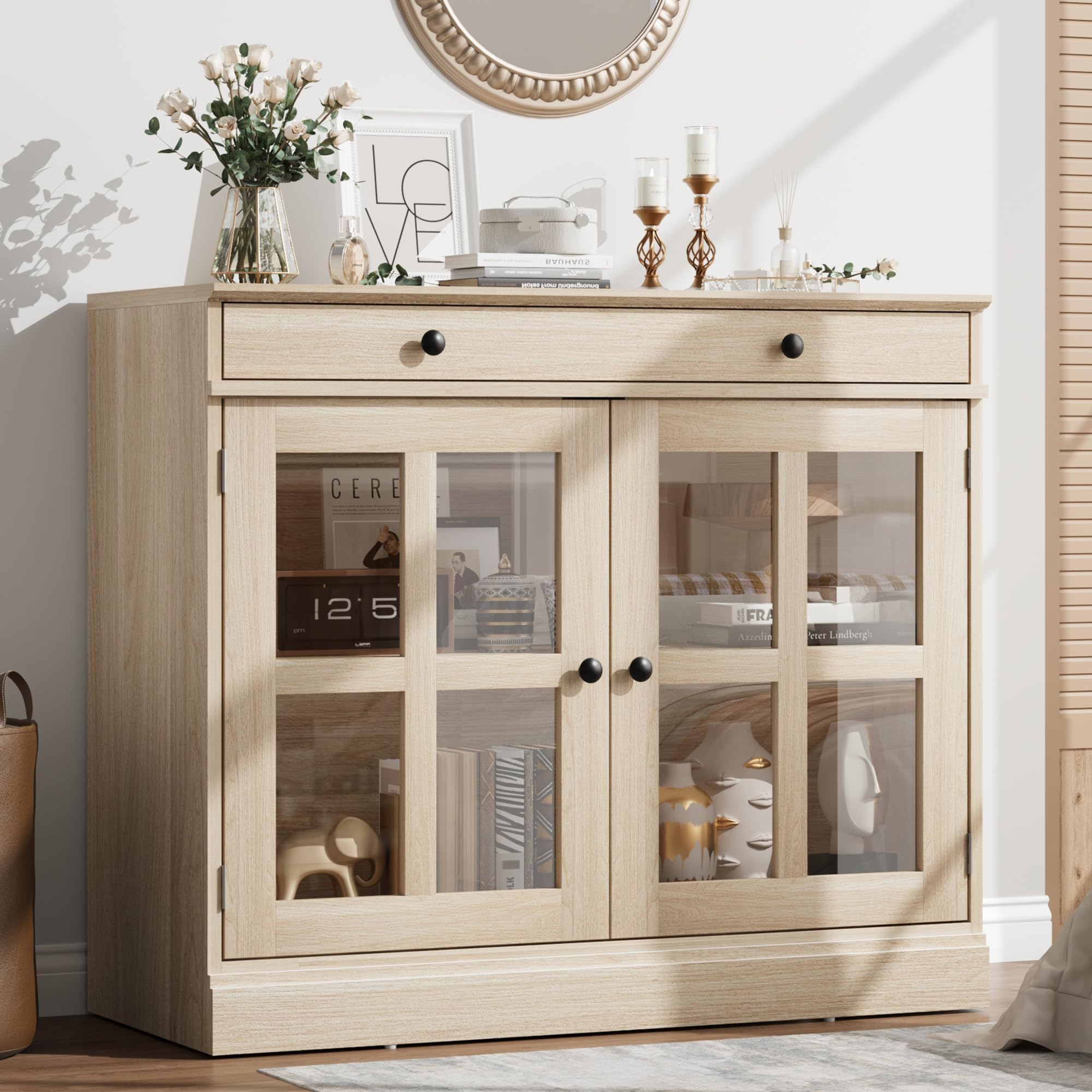 Garvee Modernes Sideboard mit 2 Glastüren und großer Schublade – Buffet- und Flurschrank mit verstellbarem Regal, vielseitig als Küchen- oder Kaffeebar-Kommode, Aufbewahrungsschrank – Holzdekor Washed