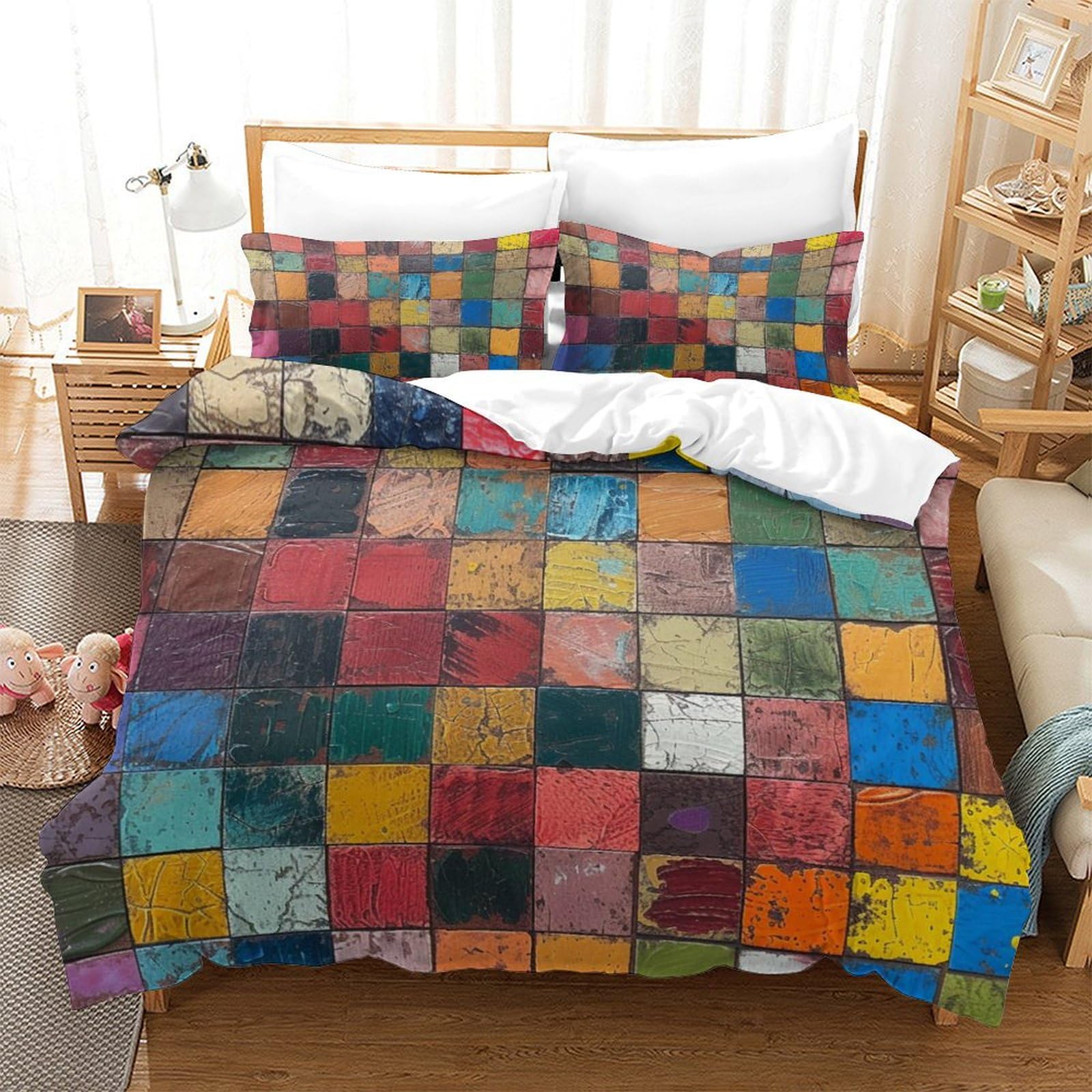 Housse de couette 220x240 en microfibre douce style blocs colorés