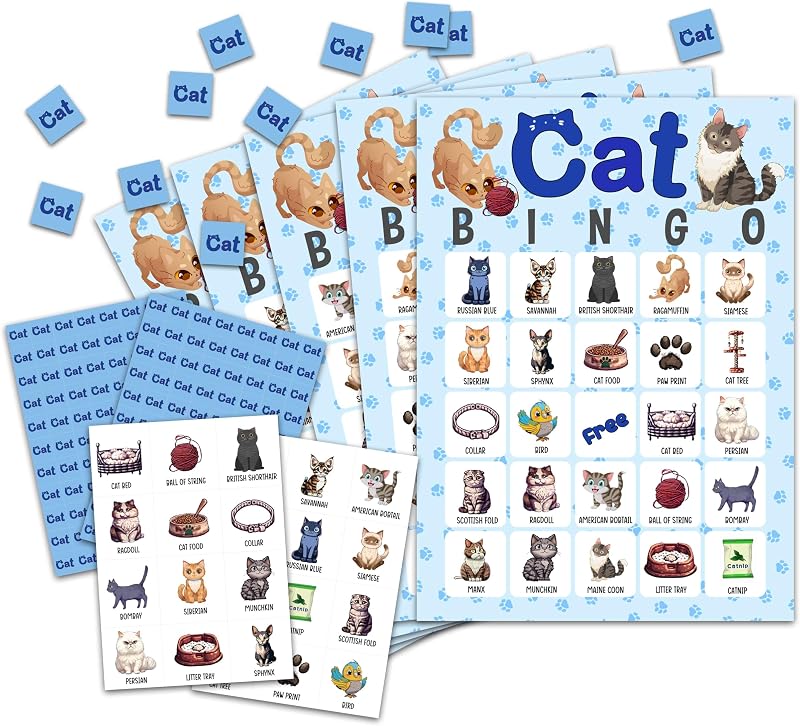 Cat Bingo Game - Kitten Bingo for 24 Players, Pawty Party Decorations & Cat Lovers Gift - C08