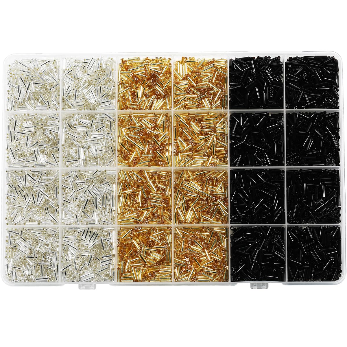 VOOMOLOVE Size 6mm Glass Bugle Tube Beads About 5000pcs in Box,3 Colors Assortment Length 6mm Tube Beads for Jewelry Making (Black/Silver/Gold)