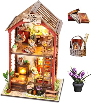 طقم زاوية كتاب DIY، طقم زاوية كتاب مصغر لبيت الدمية مع ضوء، ديكور رف كتب خشبي ثلاثي الأبعاد للبالغين، مكتبة