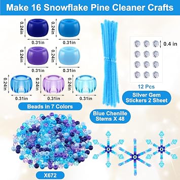 Threlaco 8 Sets Snowflake Beaded Pipe Cleaner Crafts Winter Blue Snowflakes Ornament Kit Xmas Mix Pony Beads for DIY Decorations Craft Making Supplies