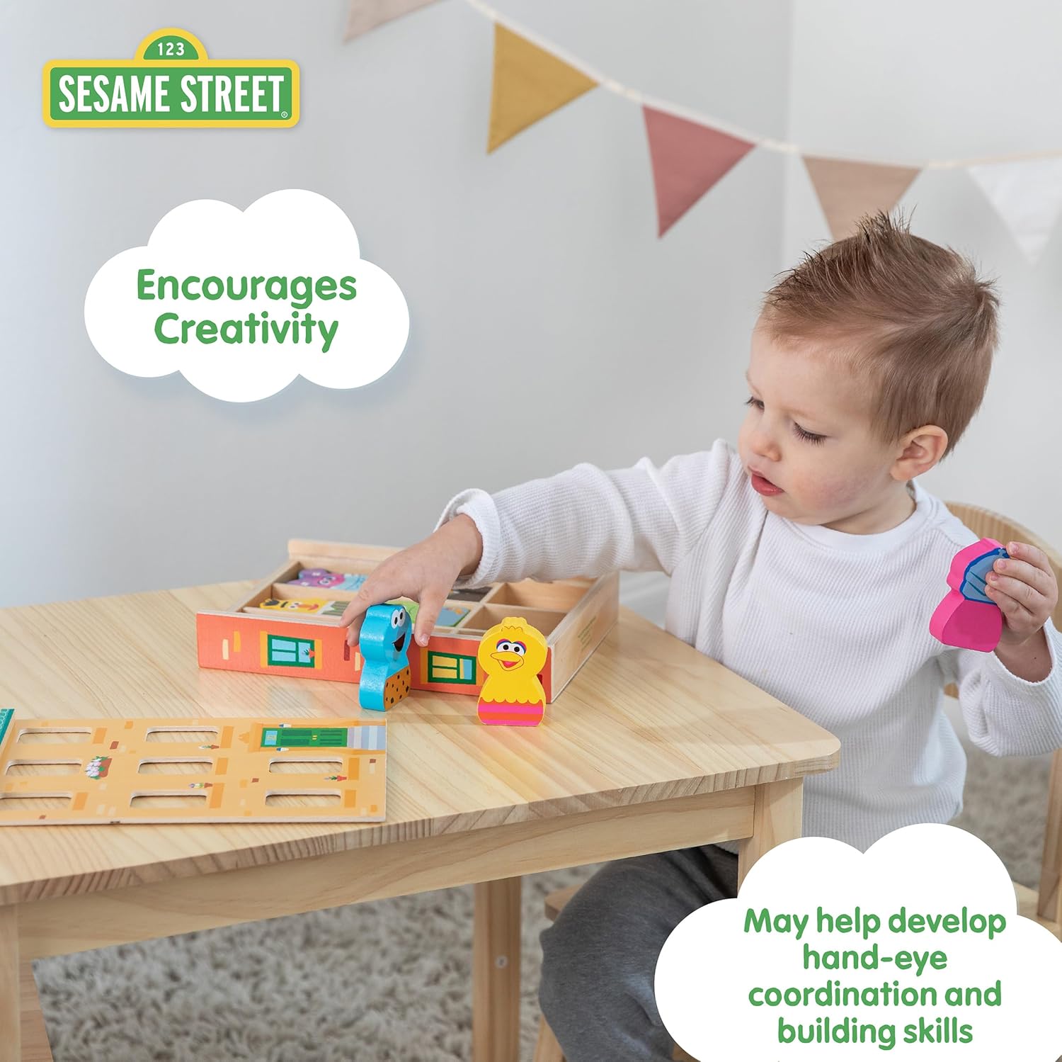 Kids Preferred Sesame Street Wooden Neighborhood Block Set with Storage Case, Toddler Sorting and Matching Blocks