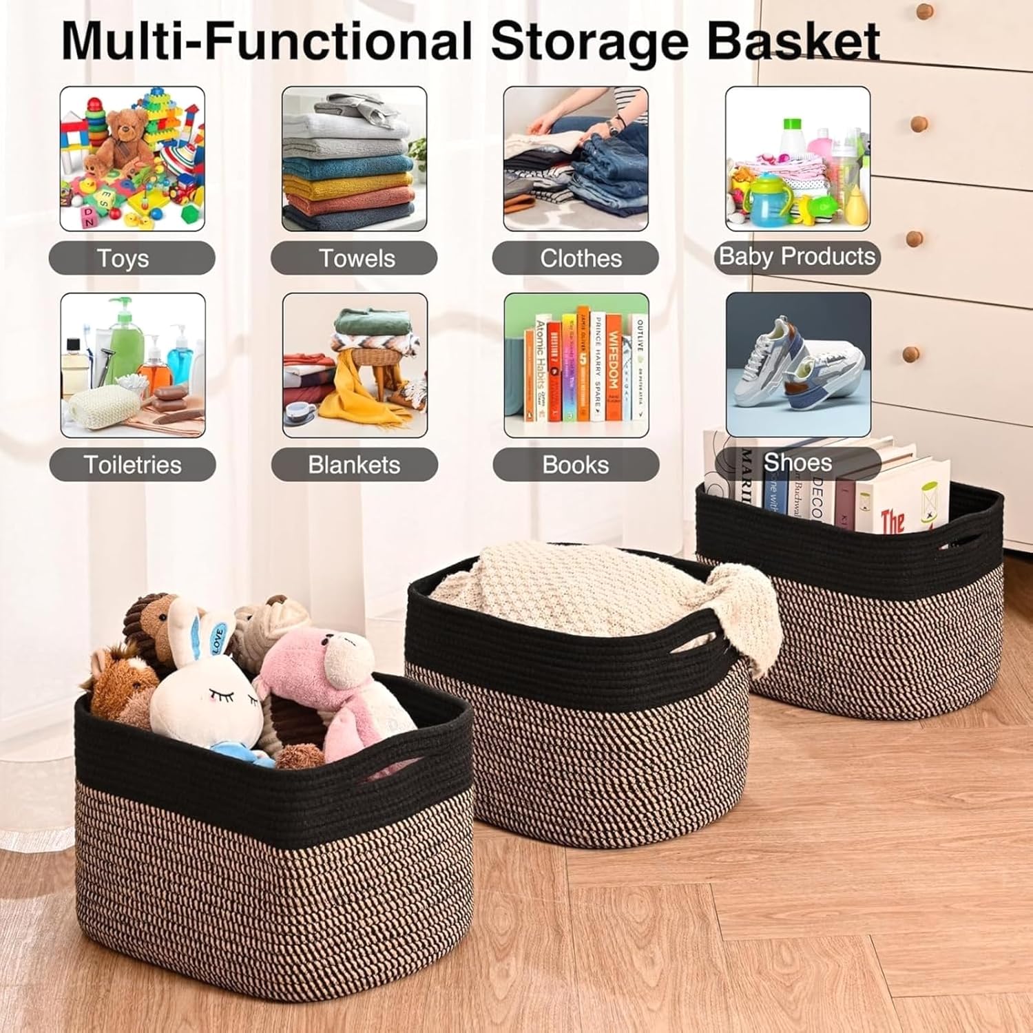 Multi-Functional Woven Basket, 15x11x9.5 Inch, Black and Jute, for Stylish Home Decor and Storage