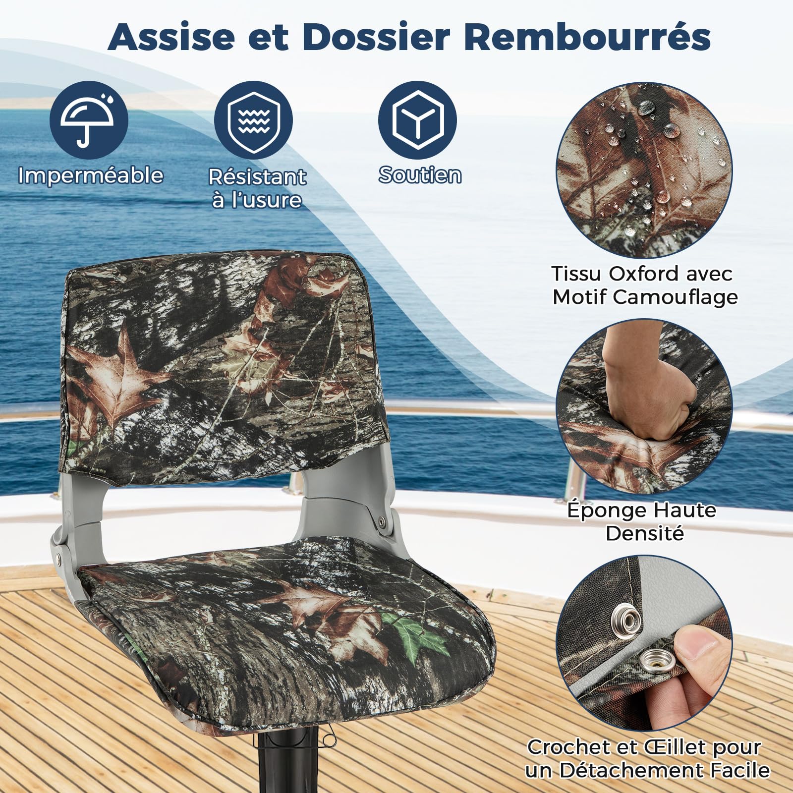 GYMAX Siège de Bateau à Dossier Bas, Siège de Bateau de Pêche Pliable avec Rembourrage en Éponge Doux, Housse en Tissu Oxford, 4 Boulons, Siège de Capitaine Imperméable, Camouflage