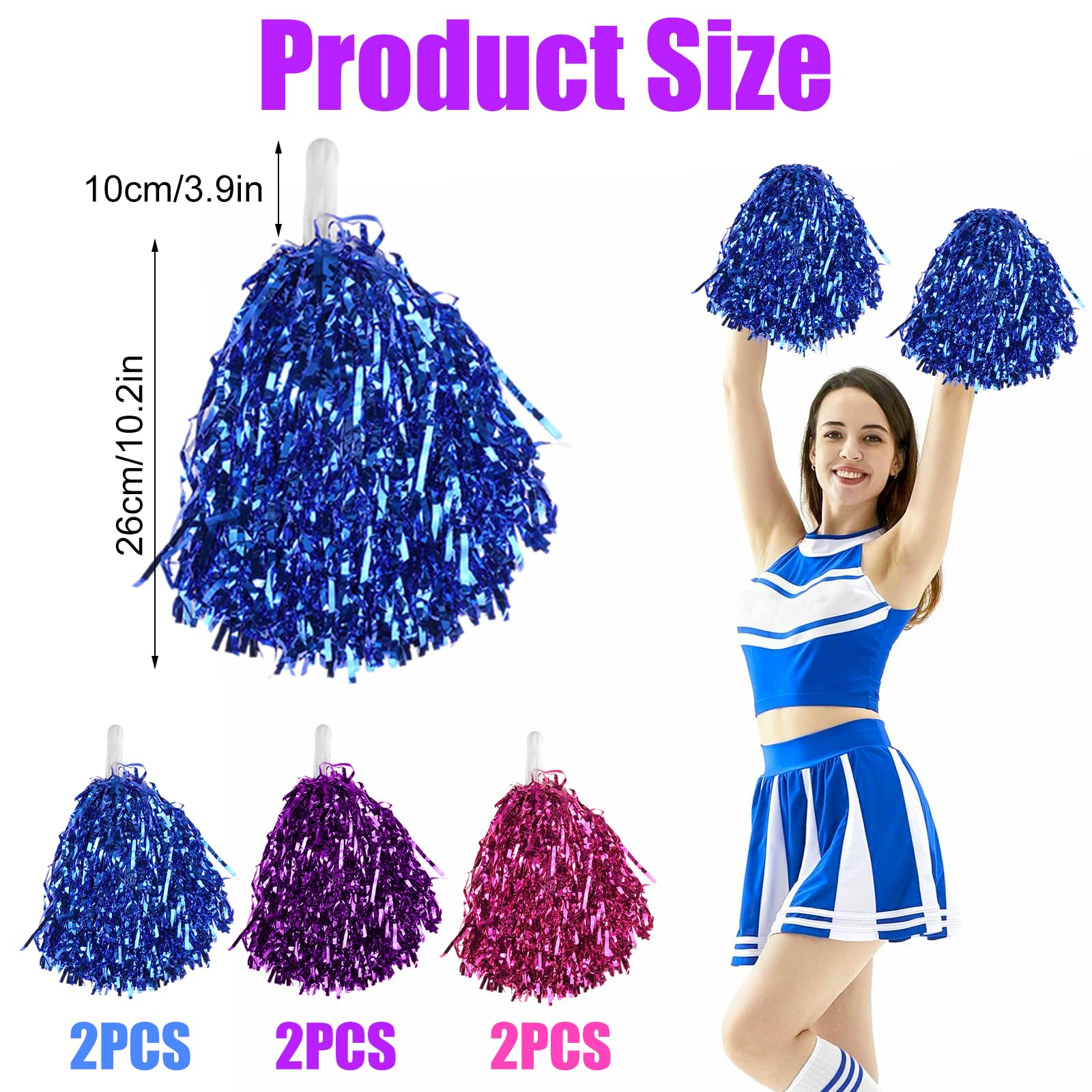 Pompones de Animadora 6 Piezas con Mango Azul/Violeta/Magenta para Eventos Deportivos y Fiestas
