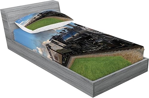 Miniatura 351 de Ambesonne Juego de sábanas bajeras y fundas de almohada con diseño de gato durmiendo en luna creciente, estrellas, sueños nocturnos, juego de ropa