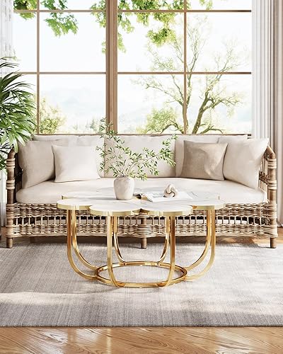 Miniatura 6 de LITTLE TREE Mesa de centro blanca y dorada de 39.37 pulgadas, moderna mesa central en forma de flor con parte superior de mármol sintético y marco