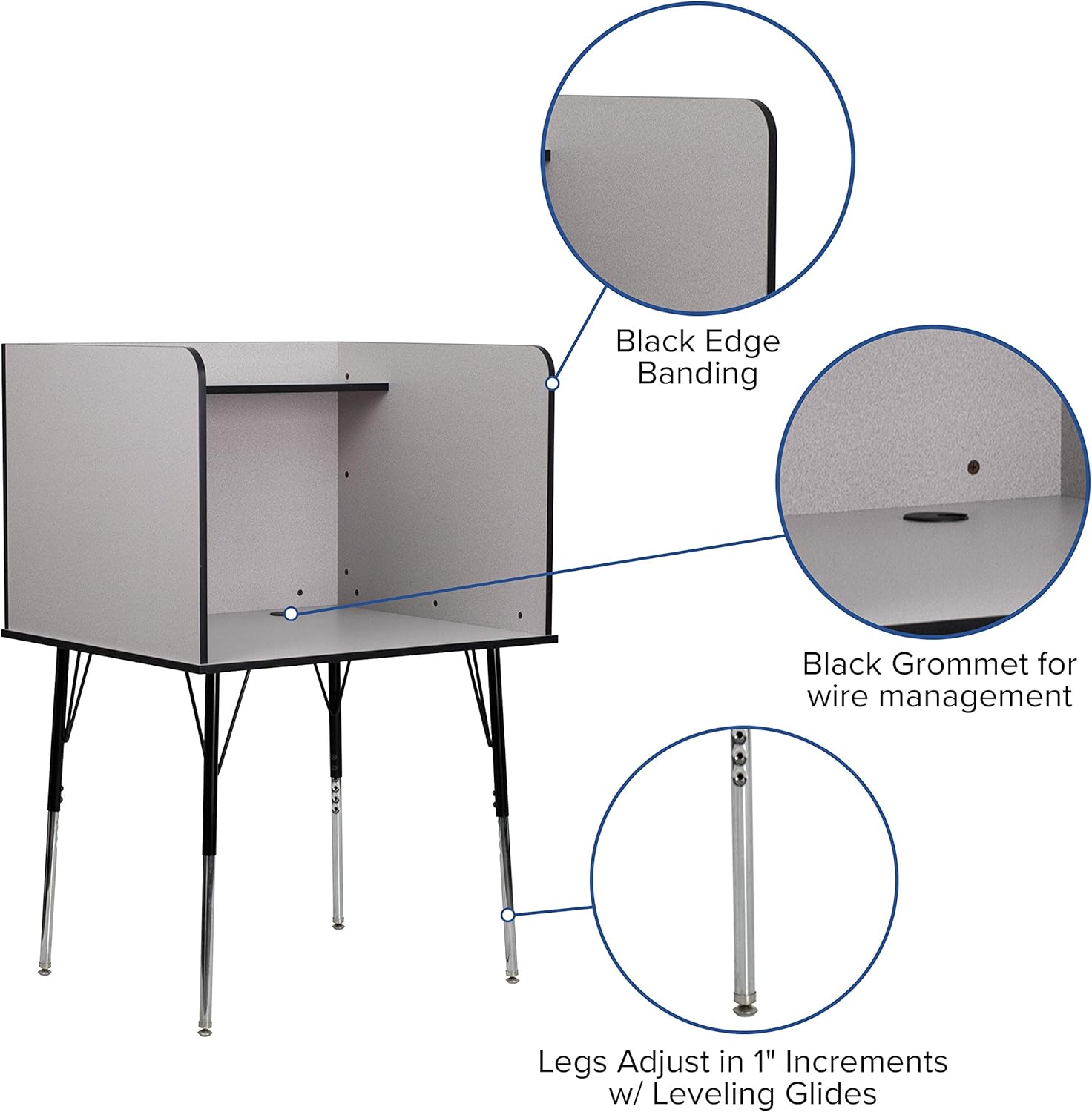 BizChair Stand-Alone Study Carrel with Top Shelf - Height Adjustable Legs and Wire Management Grommet - Nebula Grey Finish